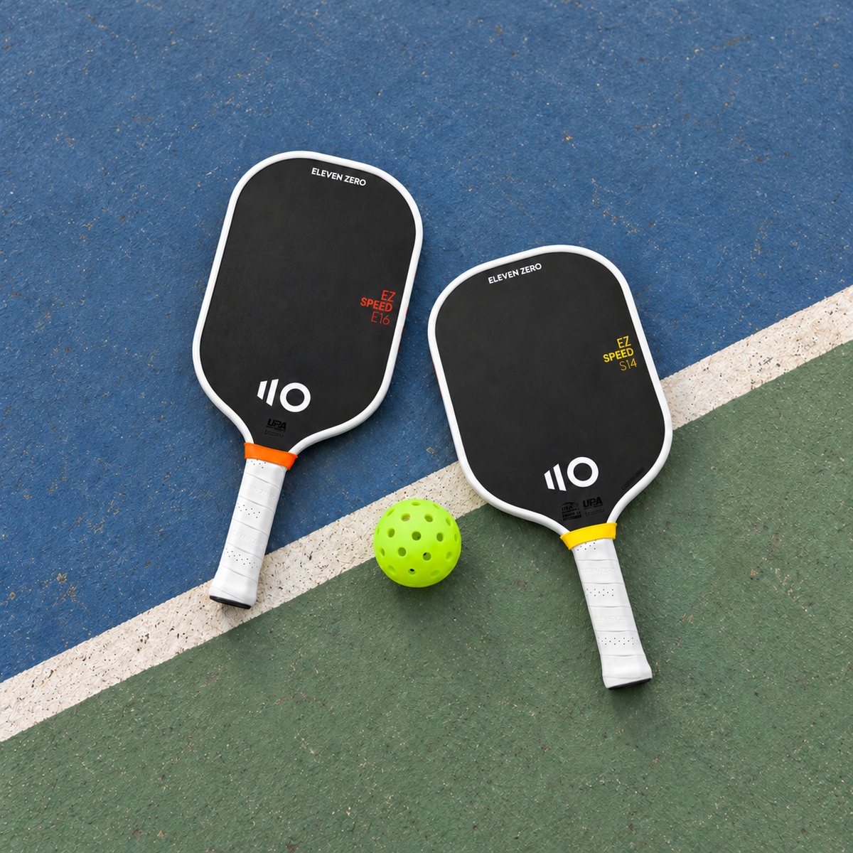 Eleven Zero EZ Speed E16 and S14 with a green pickleball ball. Court IRL photo.