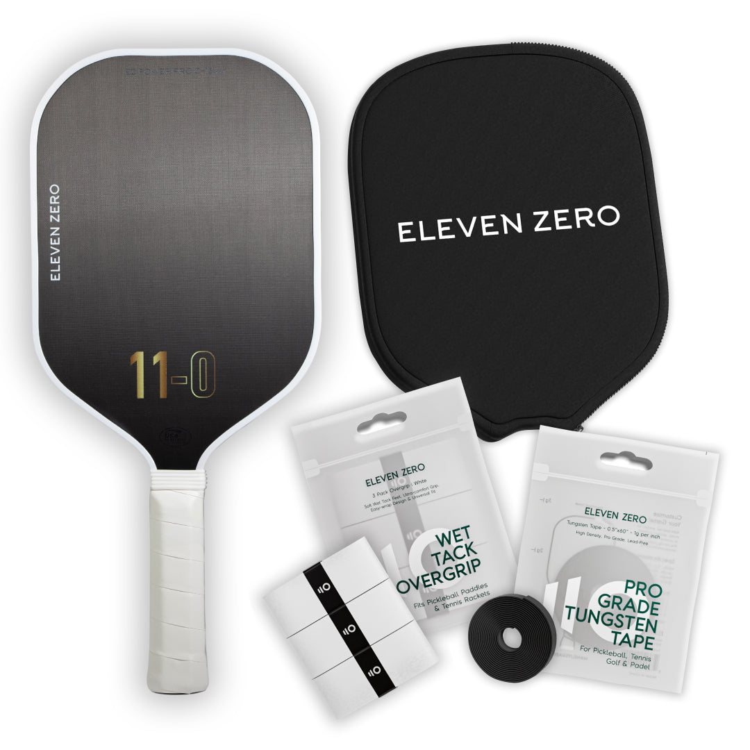 Eleven Zero Carbon pickleball paddle bundle featuring paddle cover, overgrip tape, and tungsten tape for all-around performance.