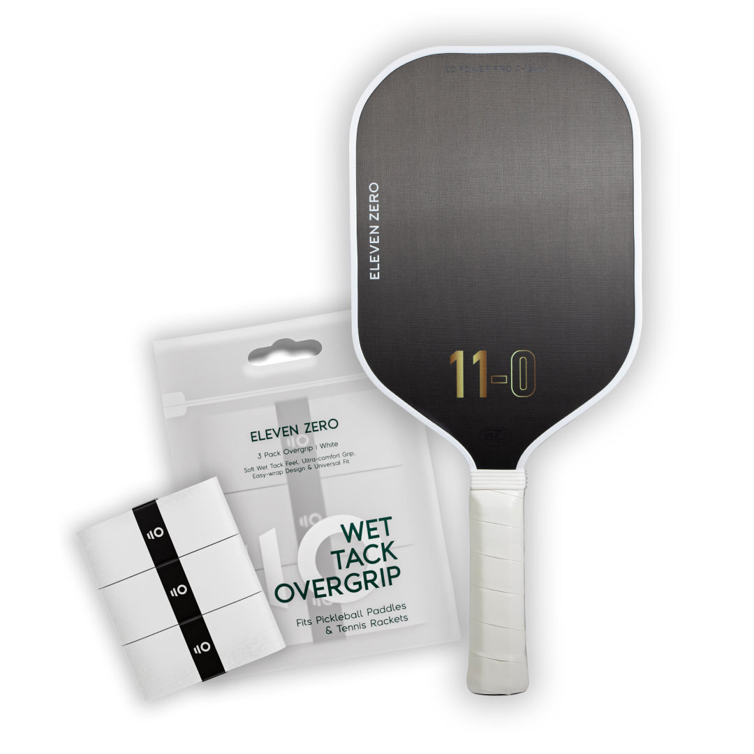 Eleven Zero Carbon pickleball paddle paired with overgrip tape for improved traction and comfort.