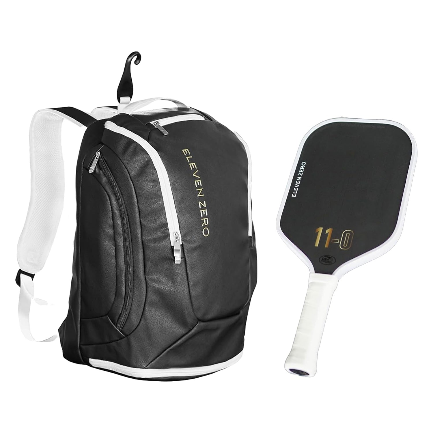 Black Eleven Zero pickleball backpack made with carbon fiber material, featuring white details and gold logo for a sleek, professional style.