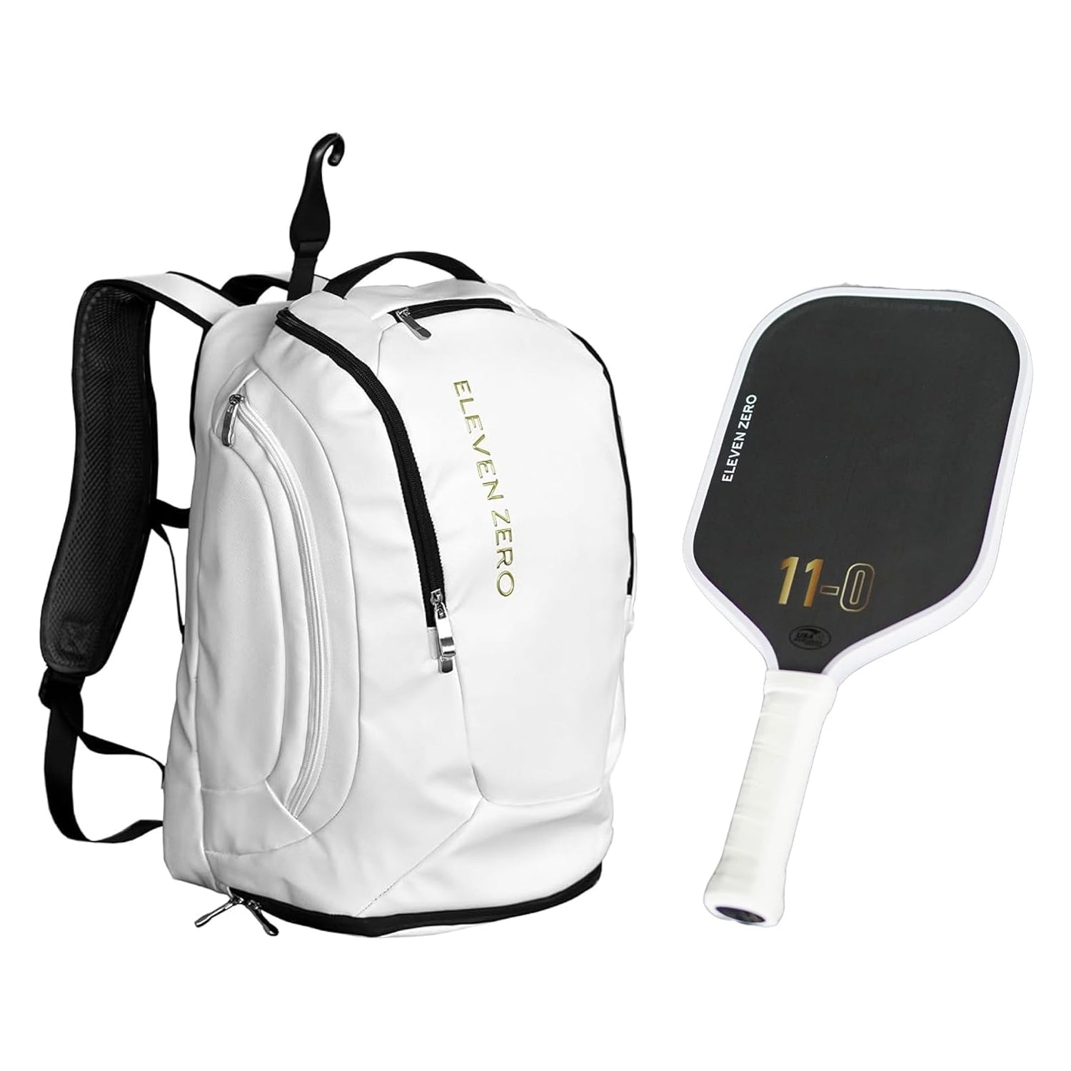 White Eleven Zero pickleball backpack made with carbon fiber material, designed with black details and gold branding for a premium look.