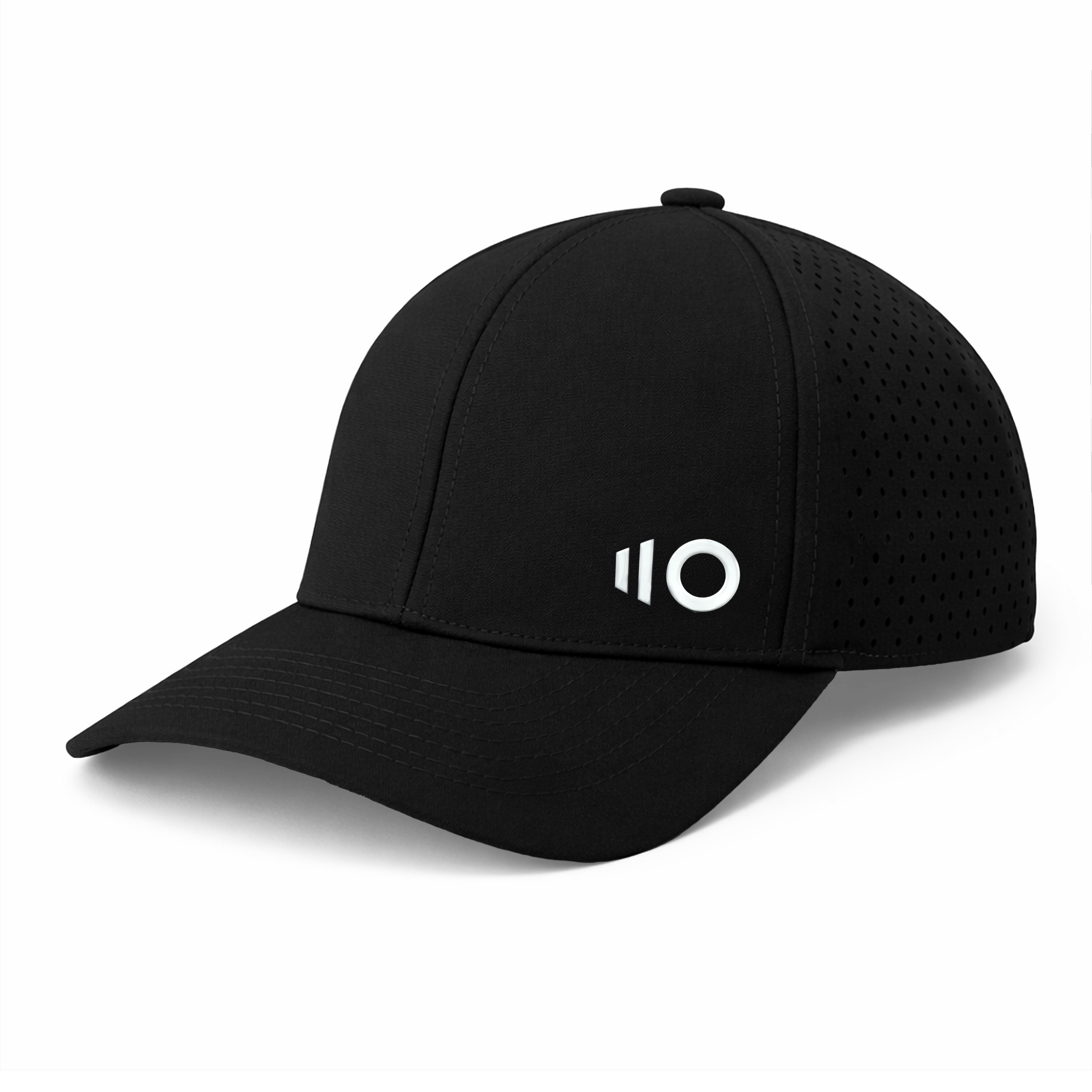 Black cap with a white logo on a transparent background