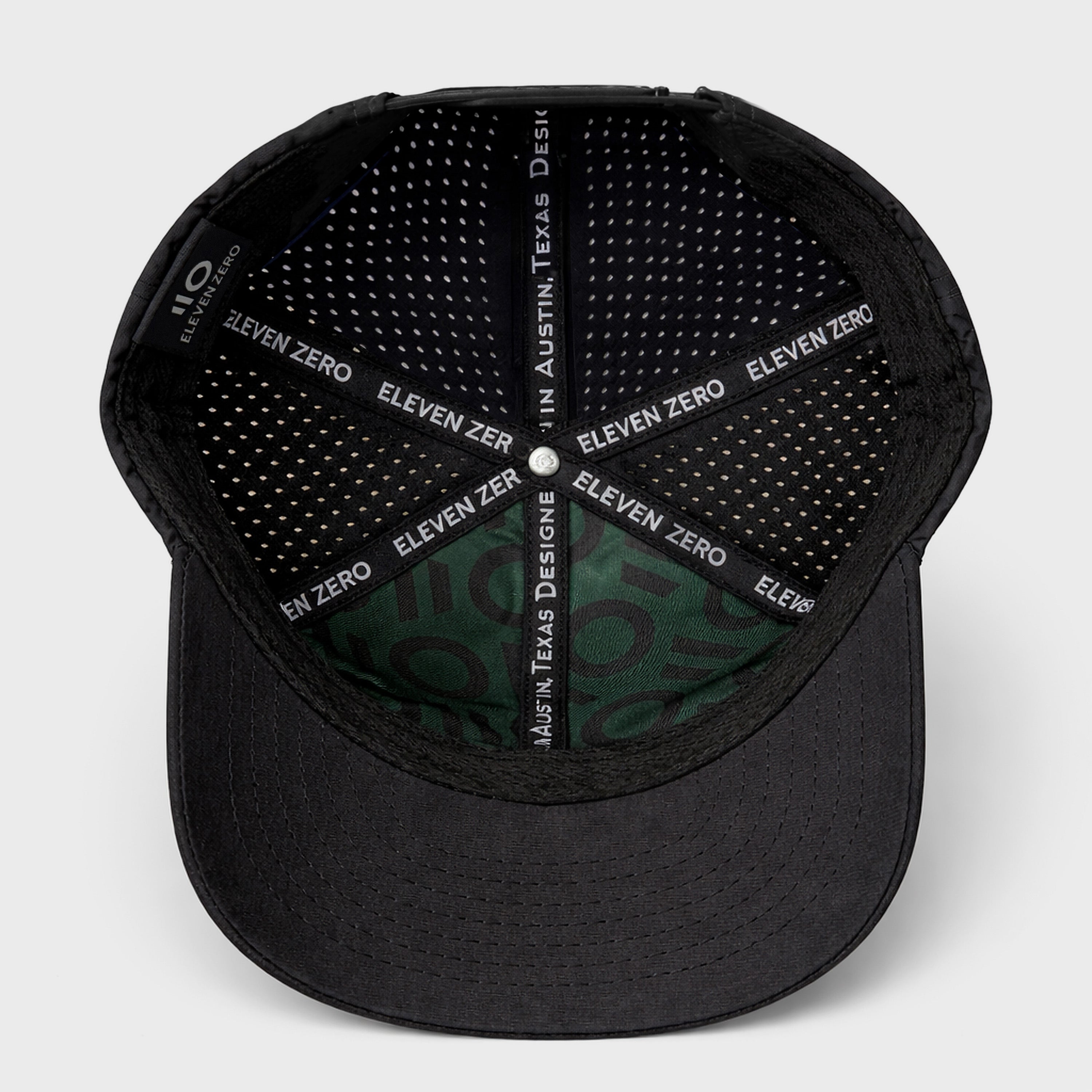 Black cap with branding on a light gray background