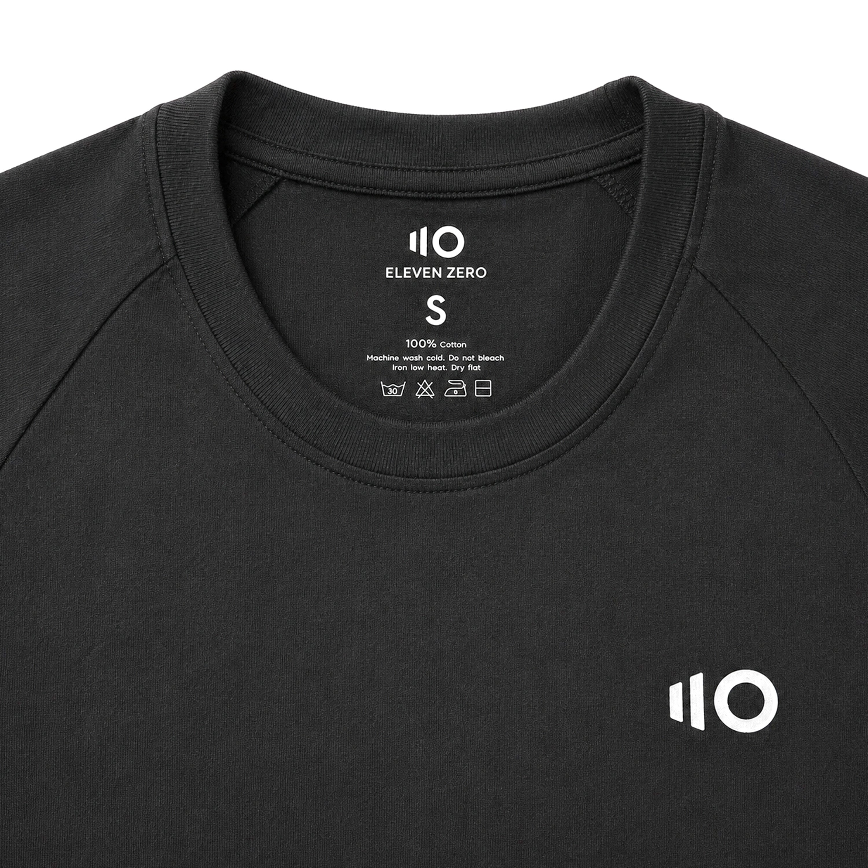 Black t-shirt with '110' logo and text on a white background