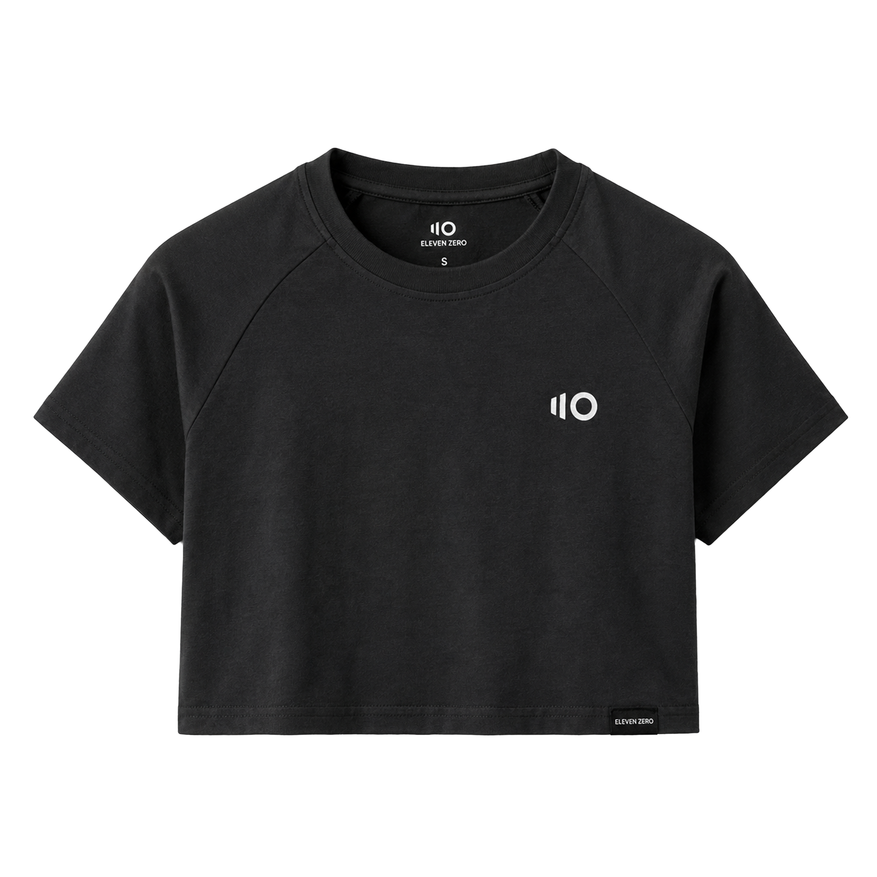 Black crop top with a logo on a white background