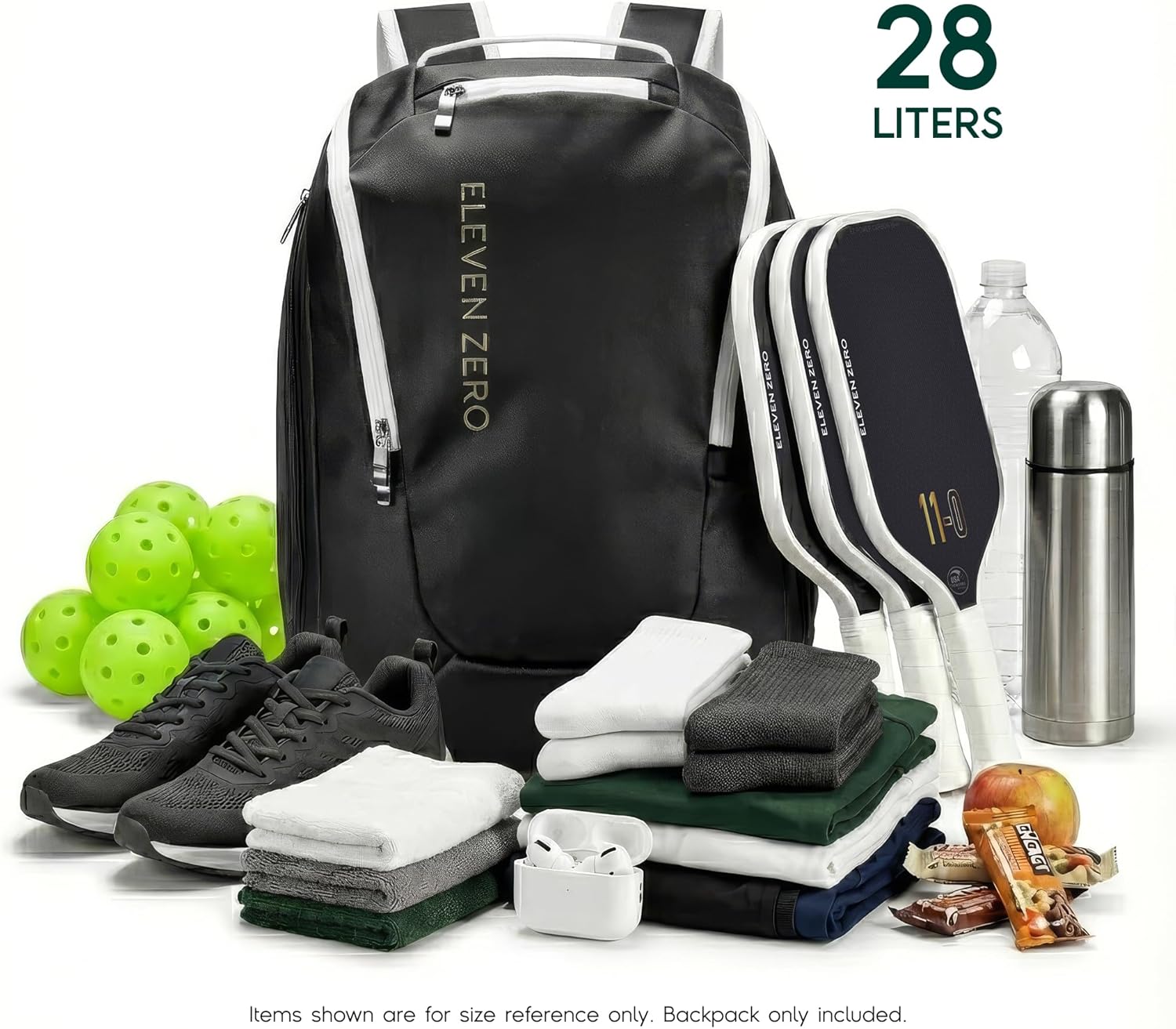 An image of the Eleven Zero backpack. Black backpack with items.