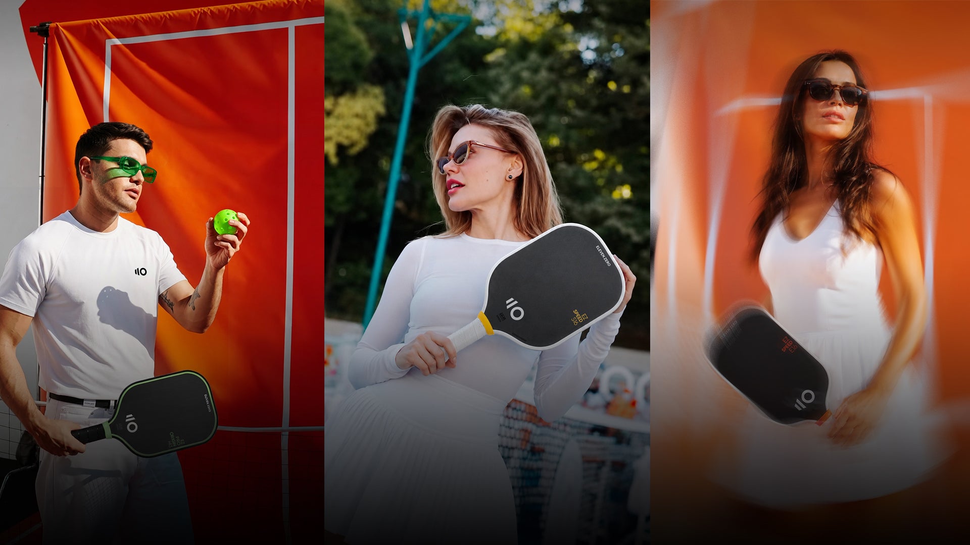 Three people holding paddle sports equipment with a focus on a woman in a white dress.