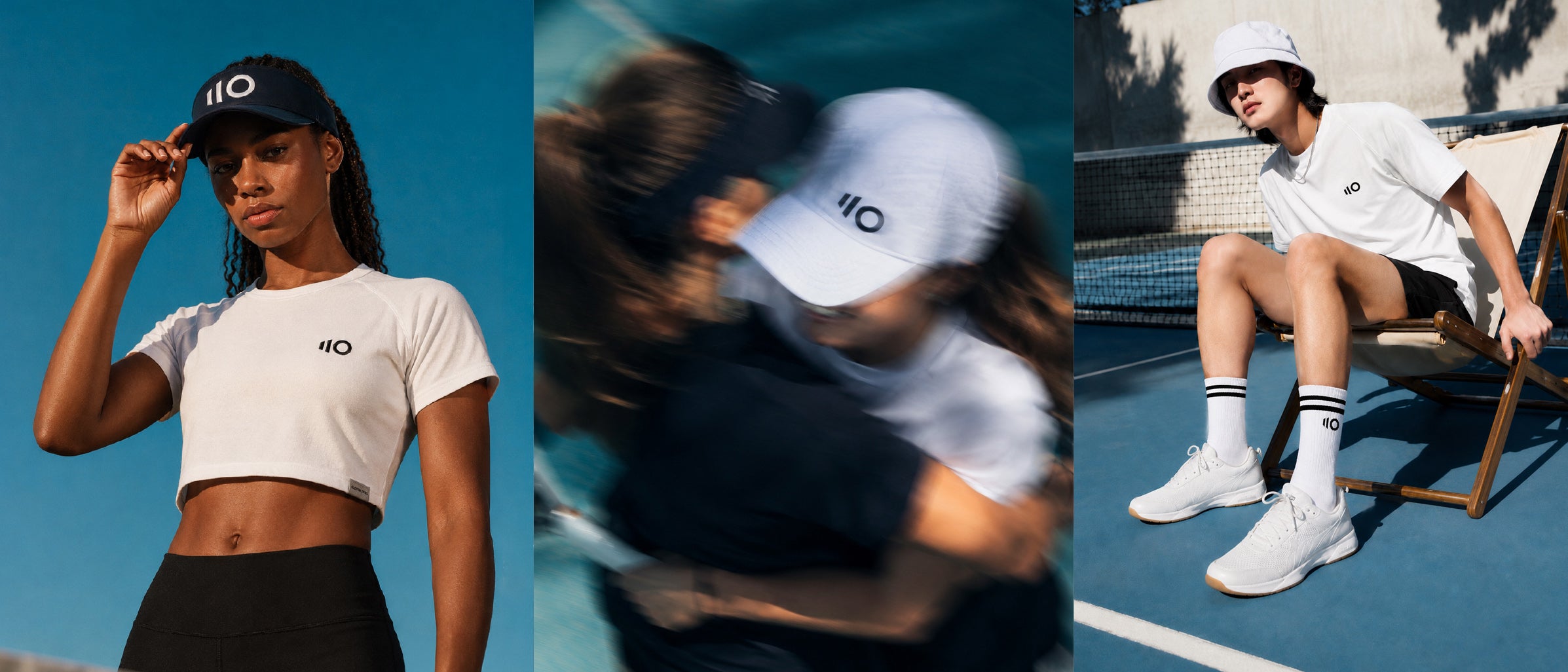 Three people wearing EZ white t-shirts with the logo, one on a pickleball paddle court, another in motion, and the third sitting outdoors.