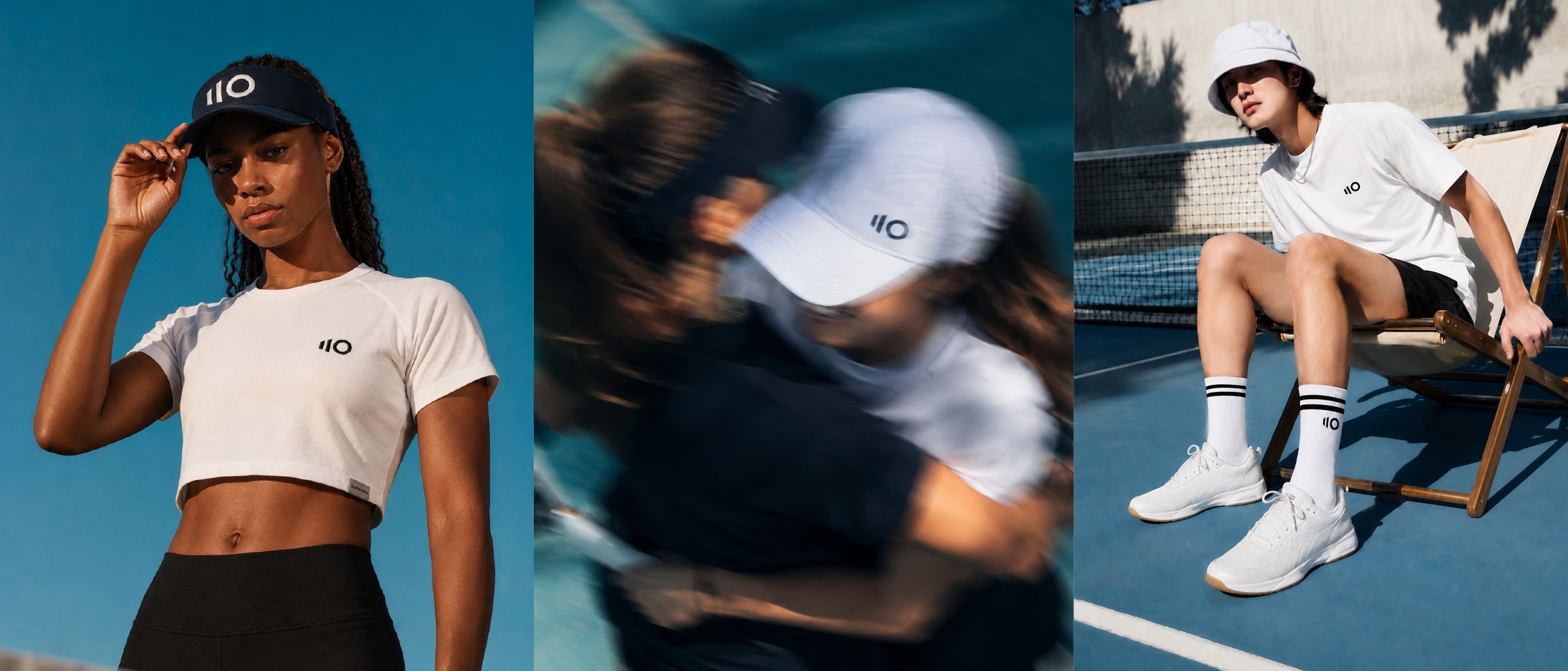 Three people wearing EZ white t-shirts with the logo, one on a pickleball paddle court, another in motion, and the third sitting outdoors.