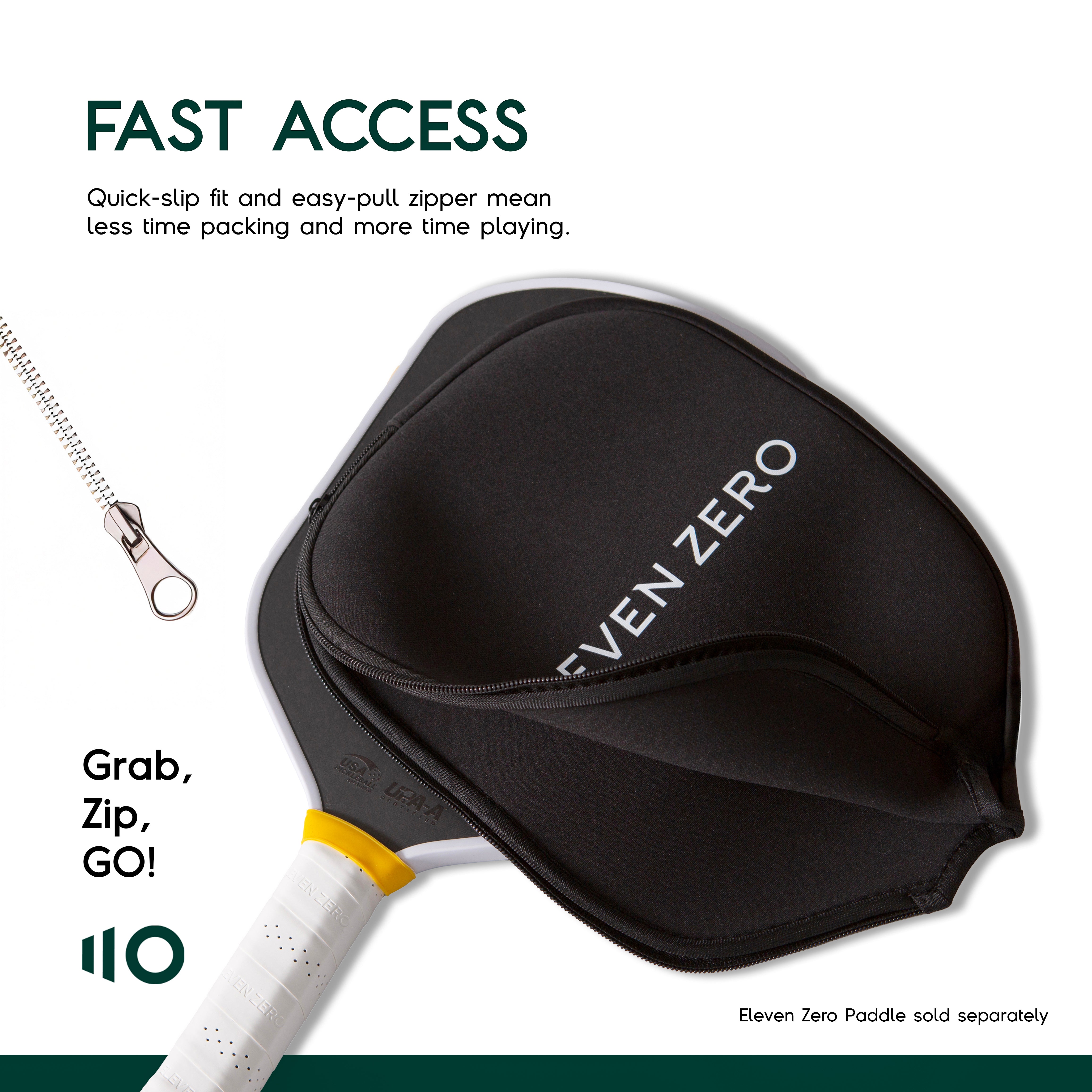 Eleven Zero pickleball paddle cover with zipper partially open, showcasing quick-access design for easy packing and play.