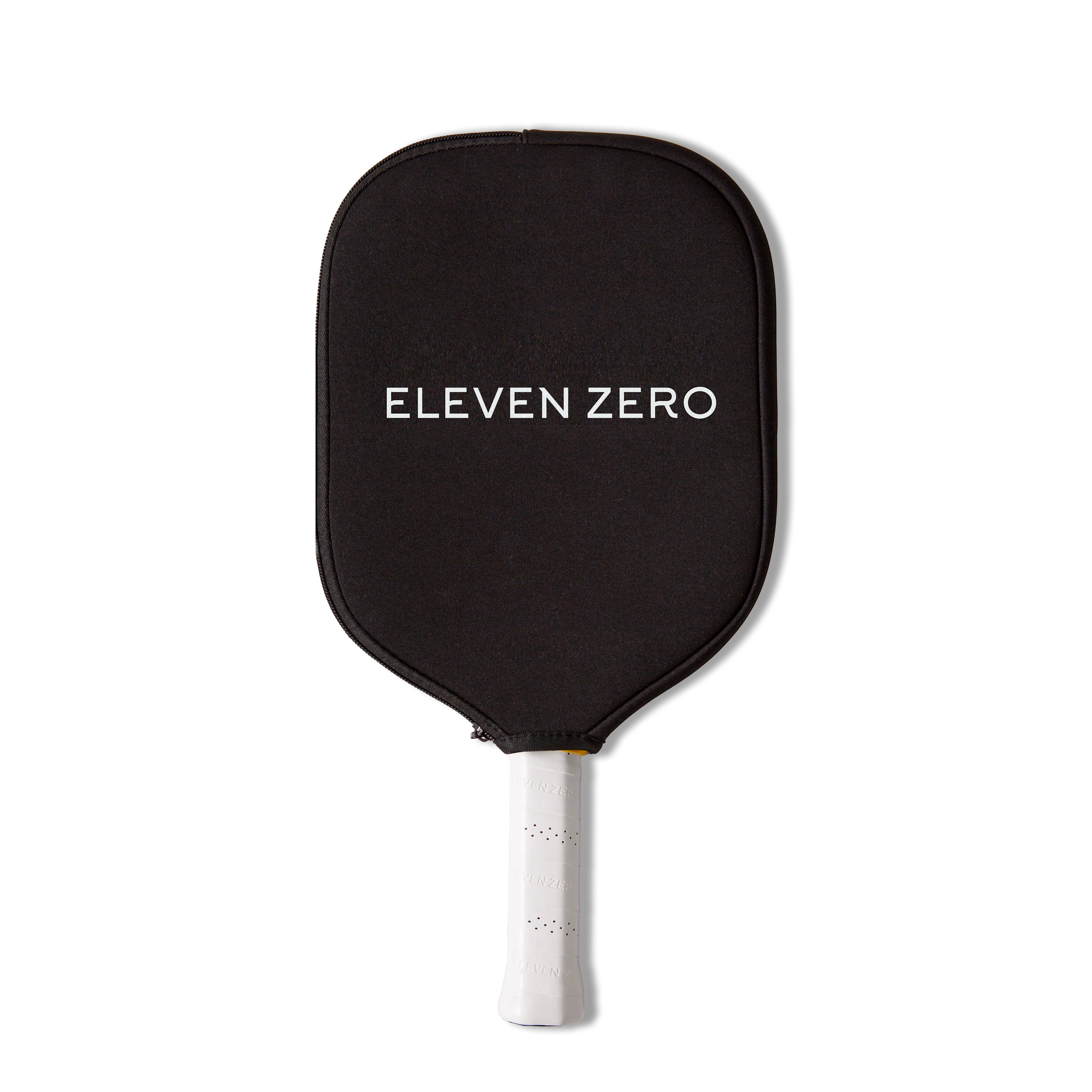 Black Eleven Zero pickleball paddle cover with white logo, shown flat with paddle handle extending below.