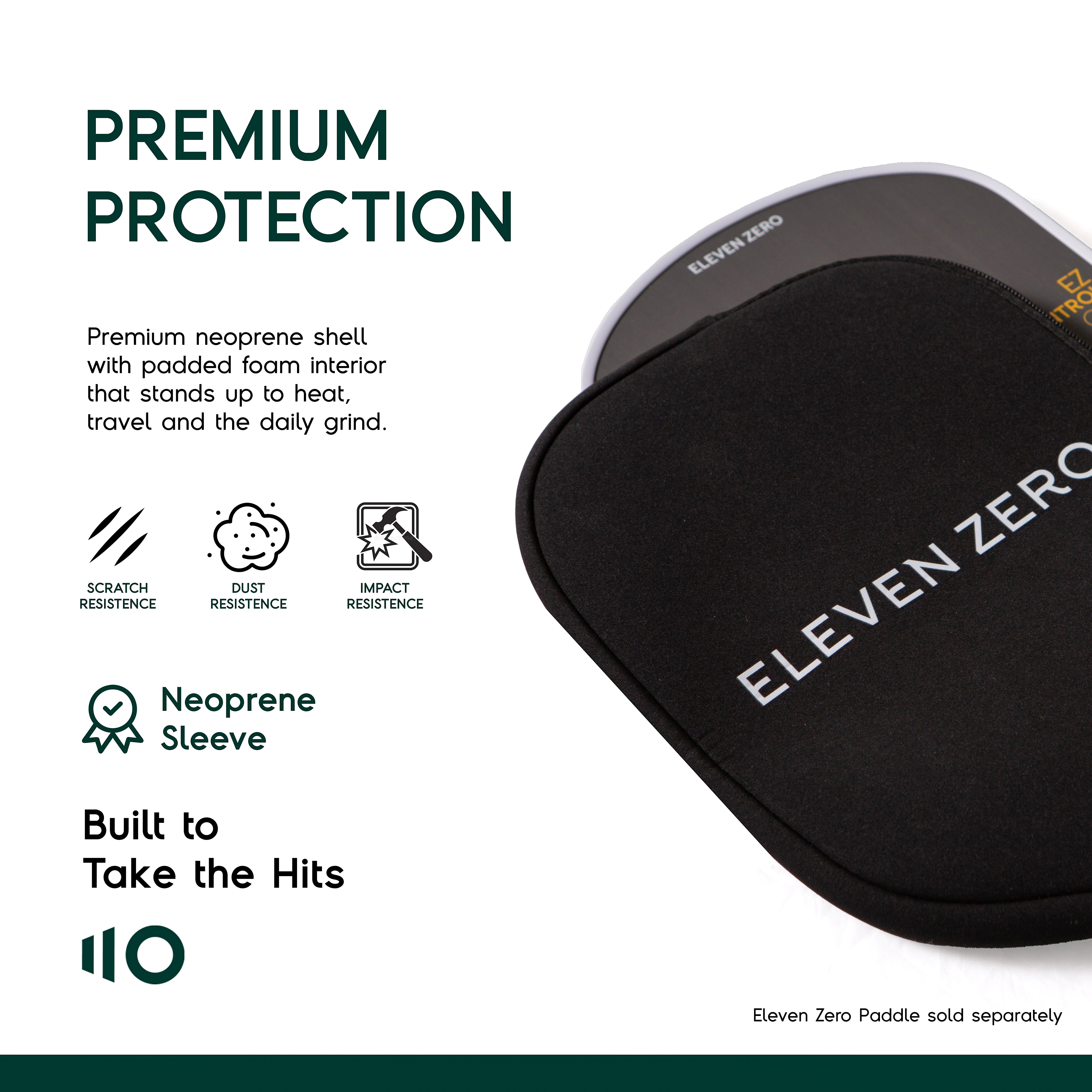 Eleven Zero paddle cover over a pickleball paddle, highlighting neoprene material for premium protection against scratches and impacts.