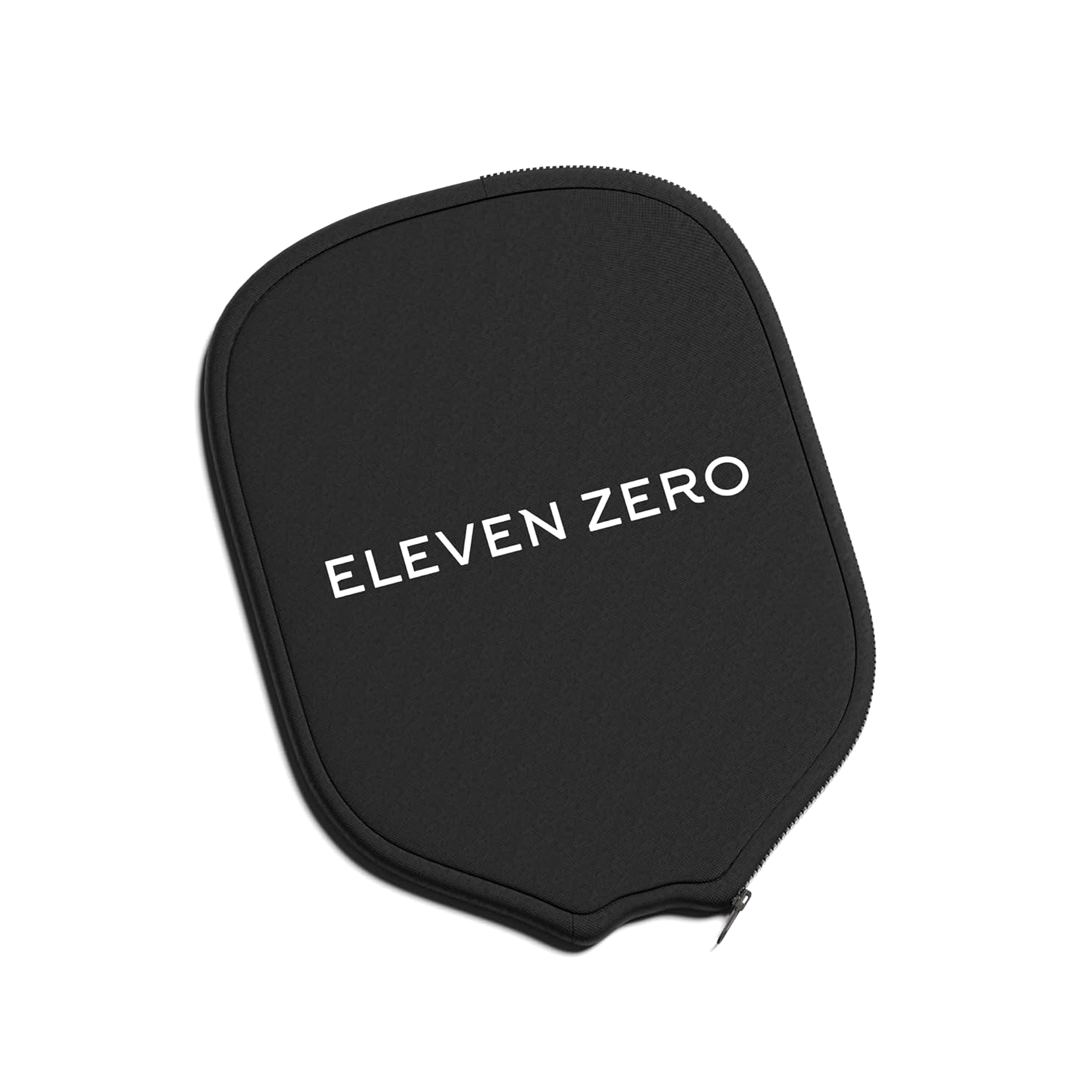 Single black Eleven Zero pickleball paddle cover with white logo and visible zipper on white background.