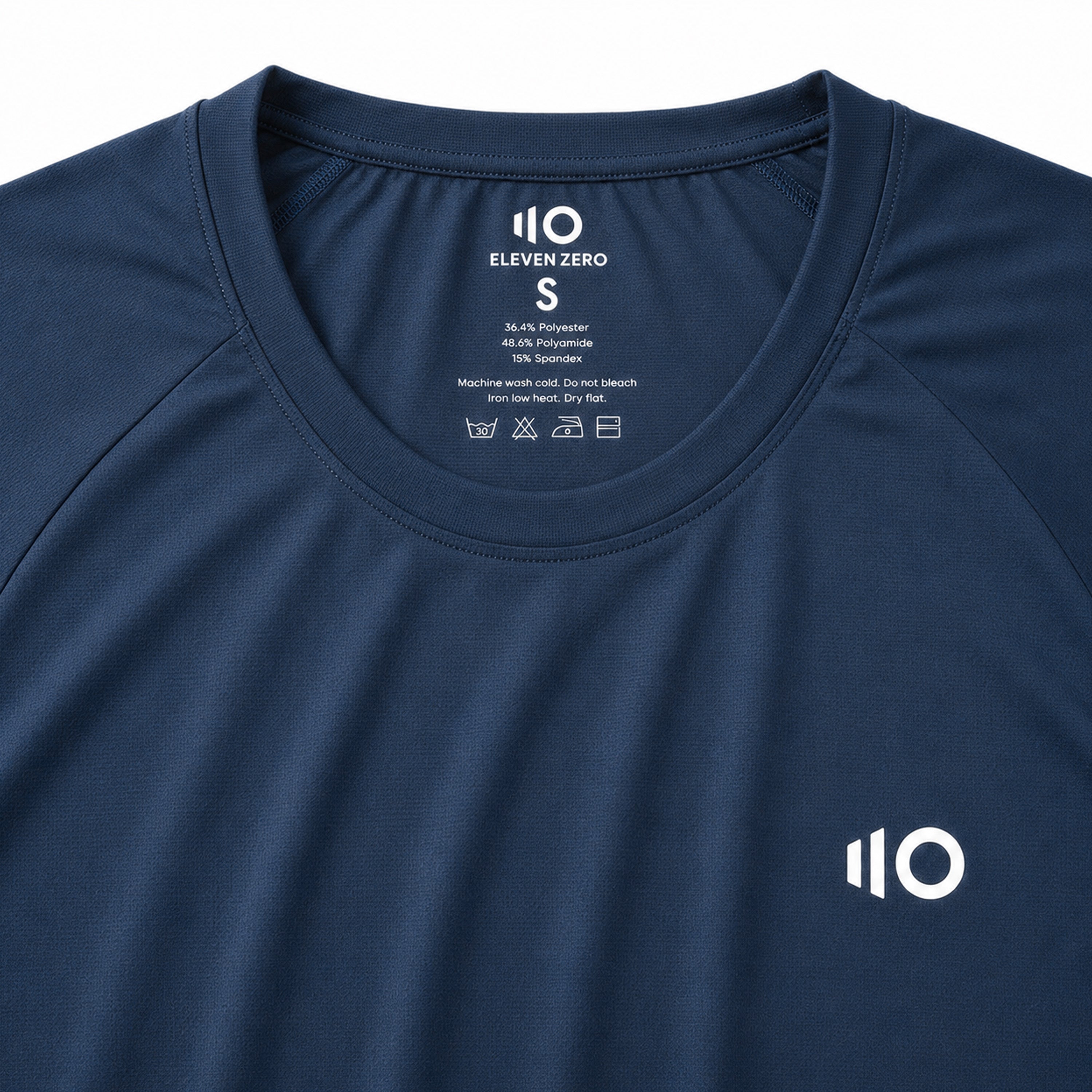 Navy blue t-shirt with 'Eleven Zero' logo on a light gray background