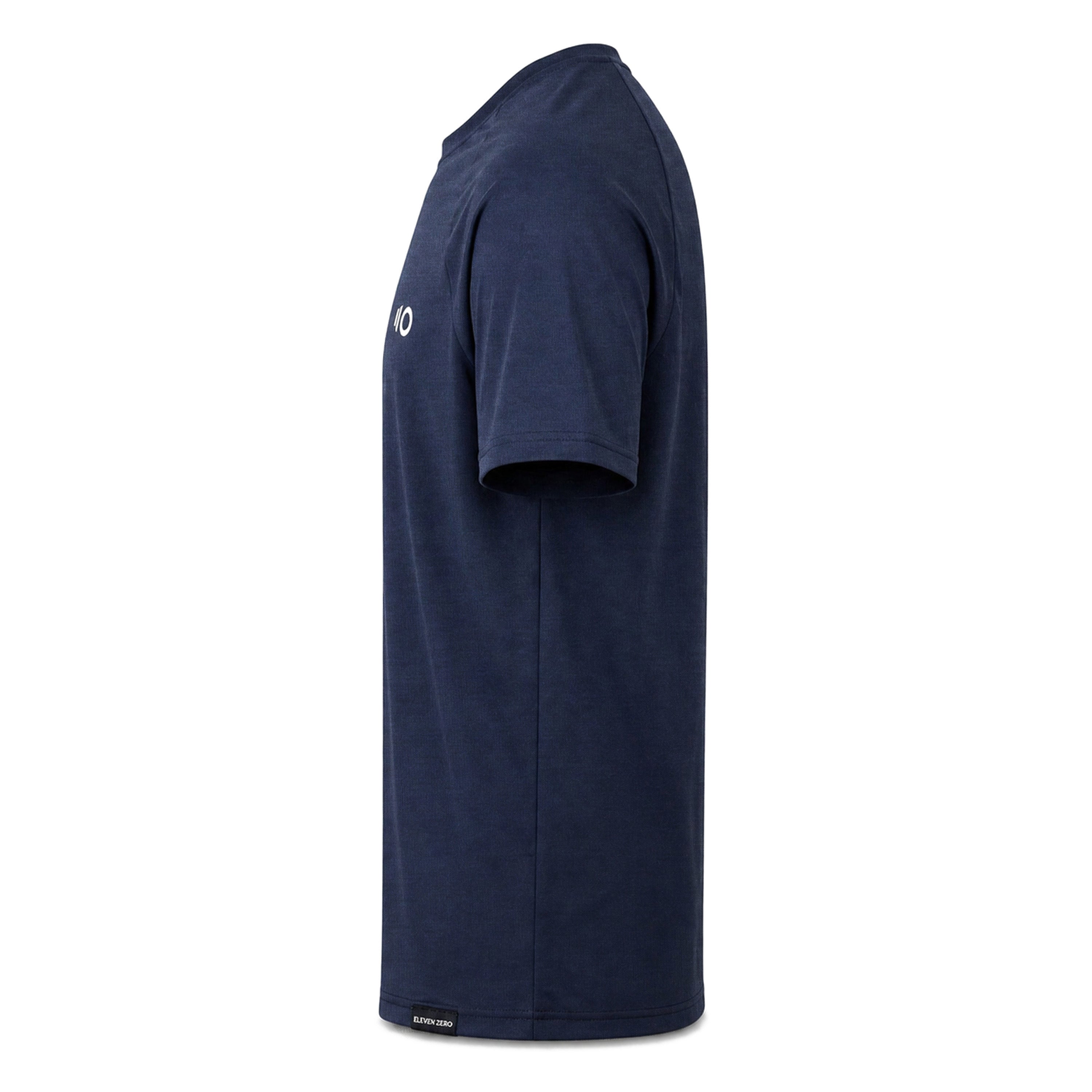 Navy blue t-shirt with a brand logo on a light gray background