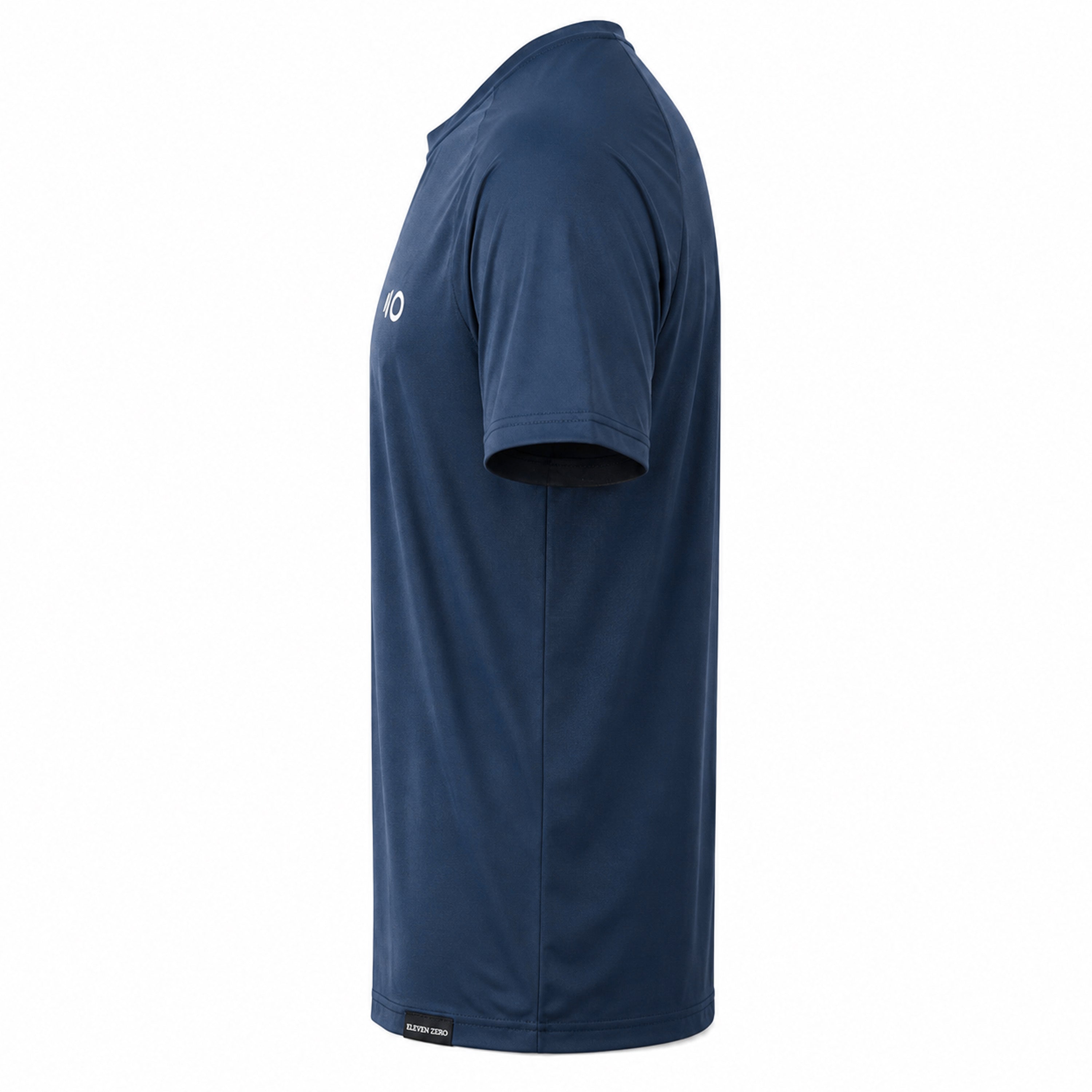 Navy blue t-shirt with a brand logo on a light gray background