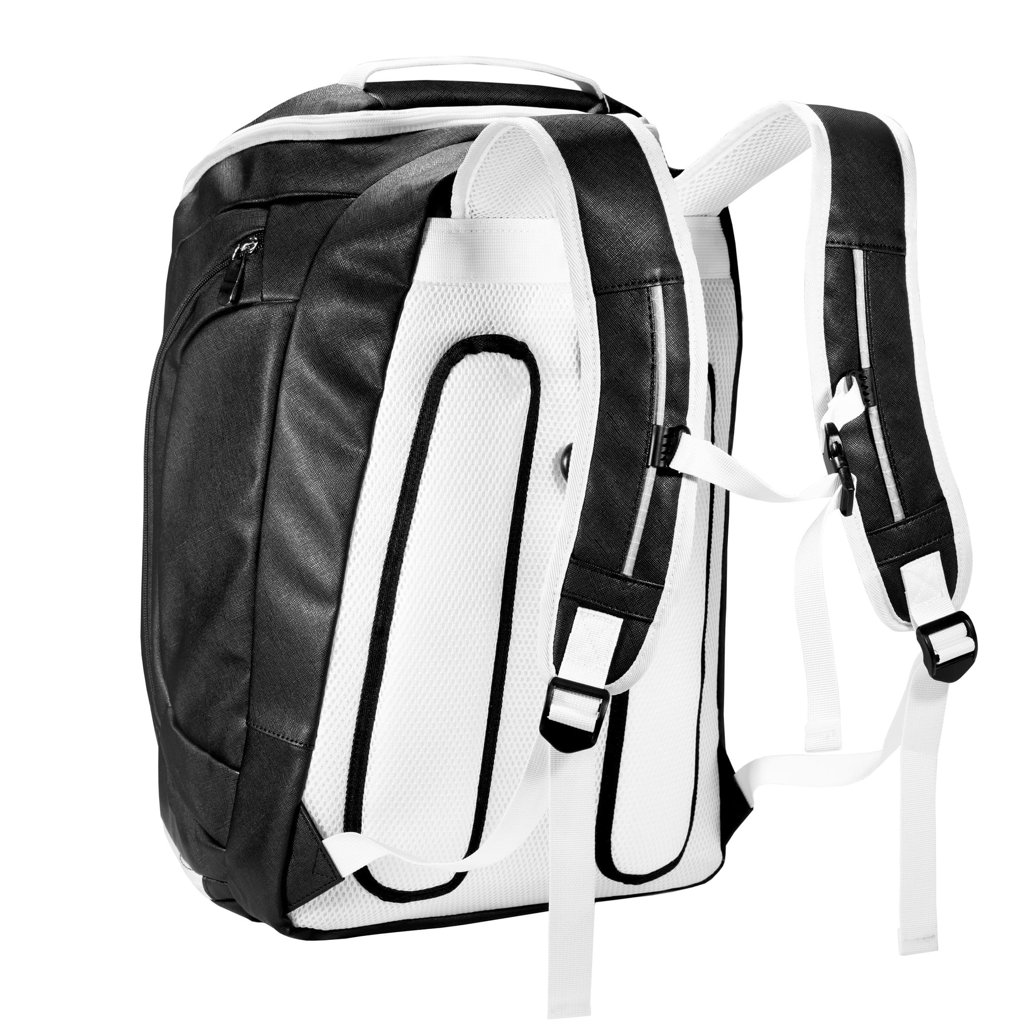 Rear view of black Eleven Zero backpack with padded white straps and breathable mesh back panel.