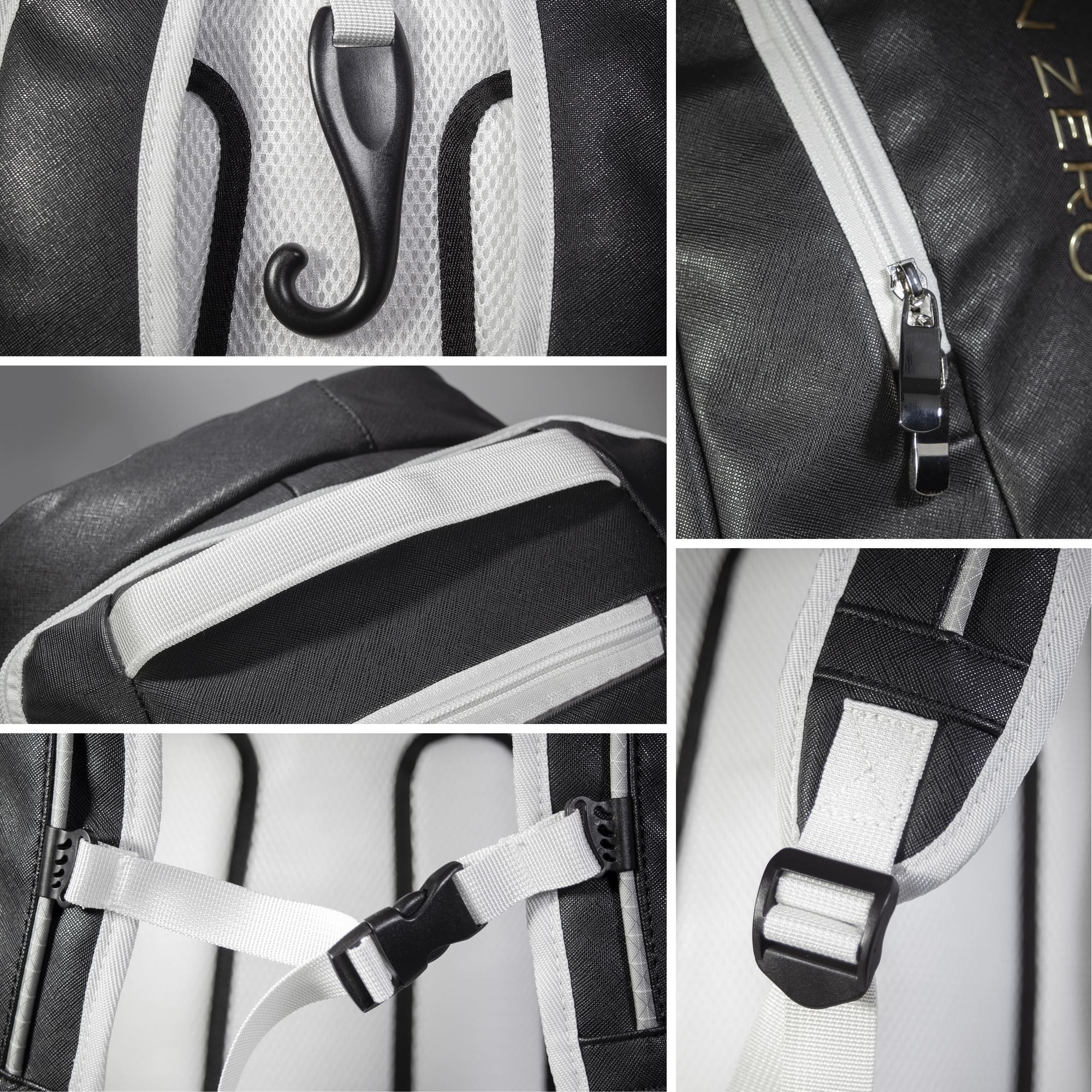 Collage of detailed shots showing black Eleven Zero backpack's zippers, strap buckles, top handle, and hidden hook.