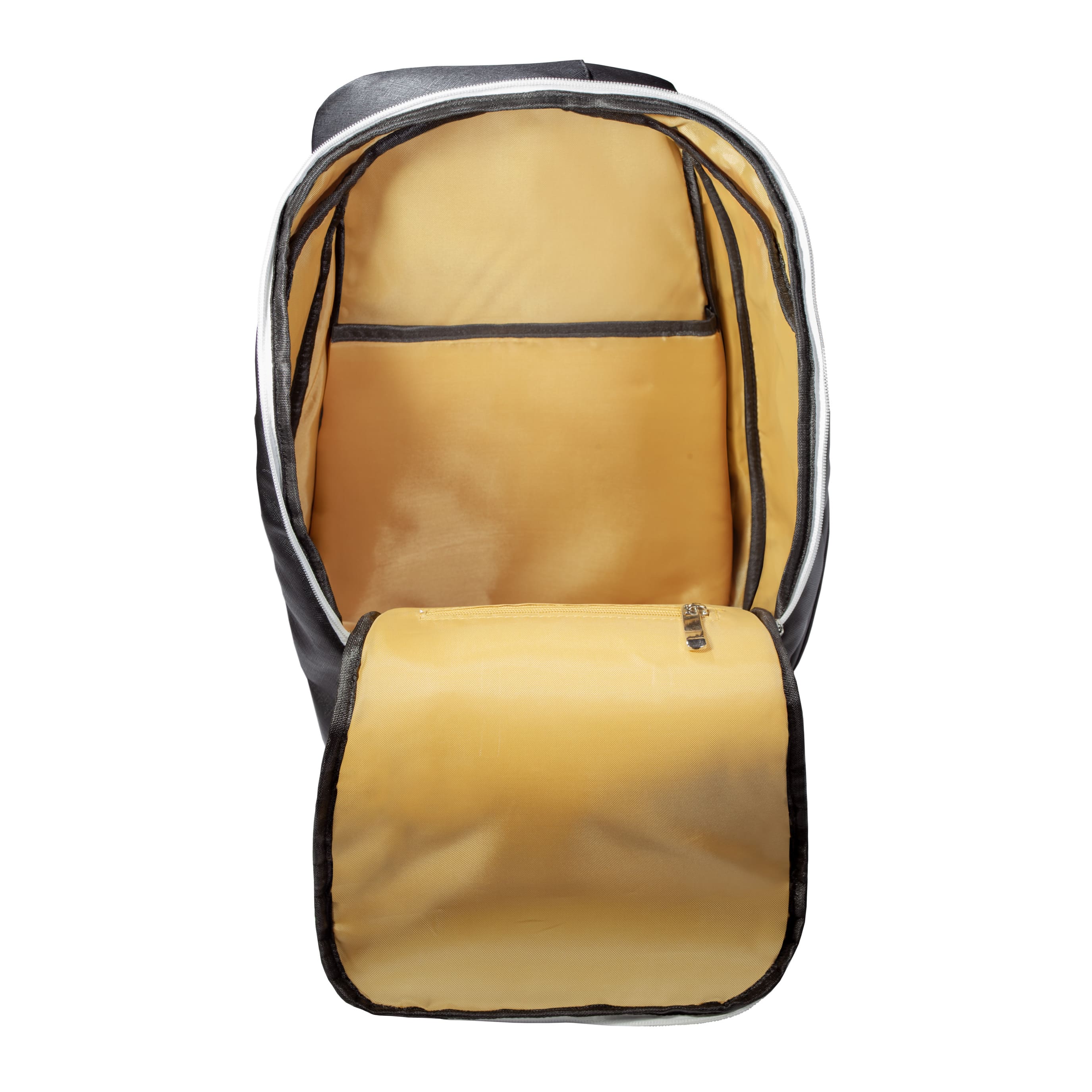 Inside view of black Eleven Zero backpack showing spacious main compartment with gold lining.