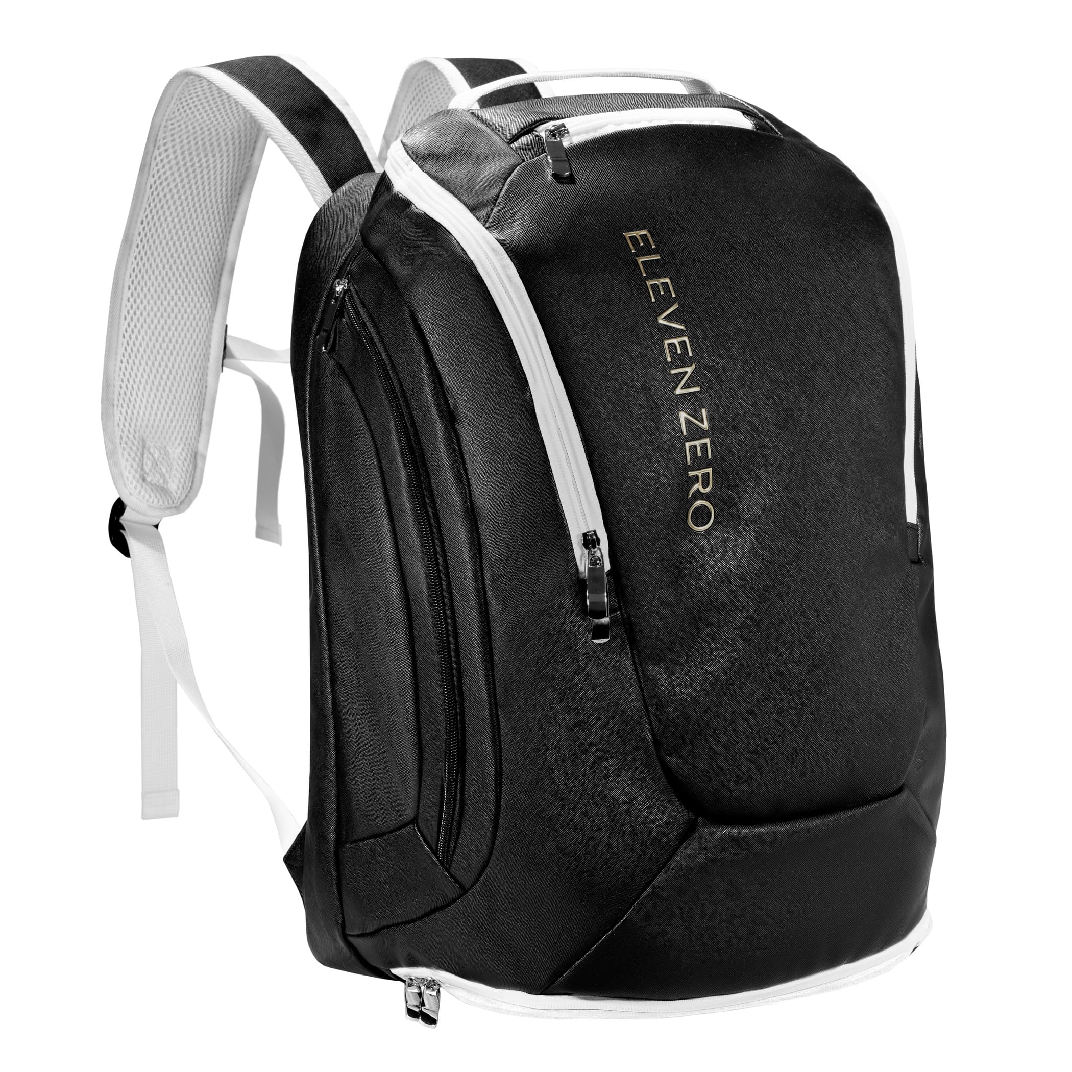 Front angled view of black Eleven Zero backpack with white zippers and gold logo.