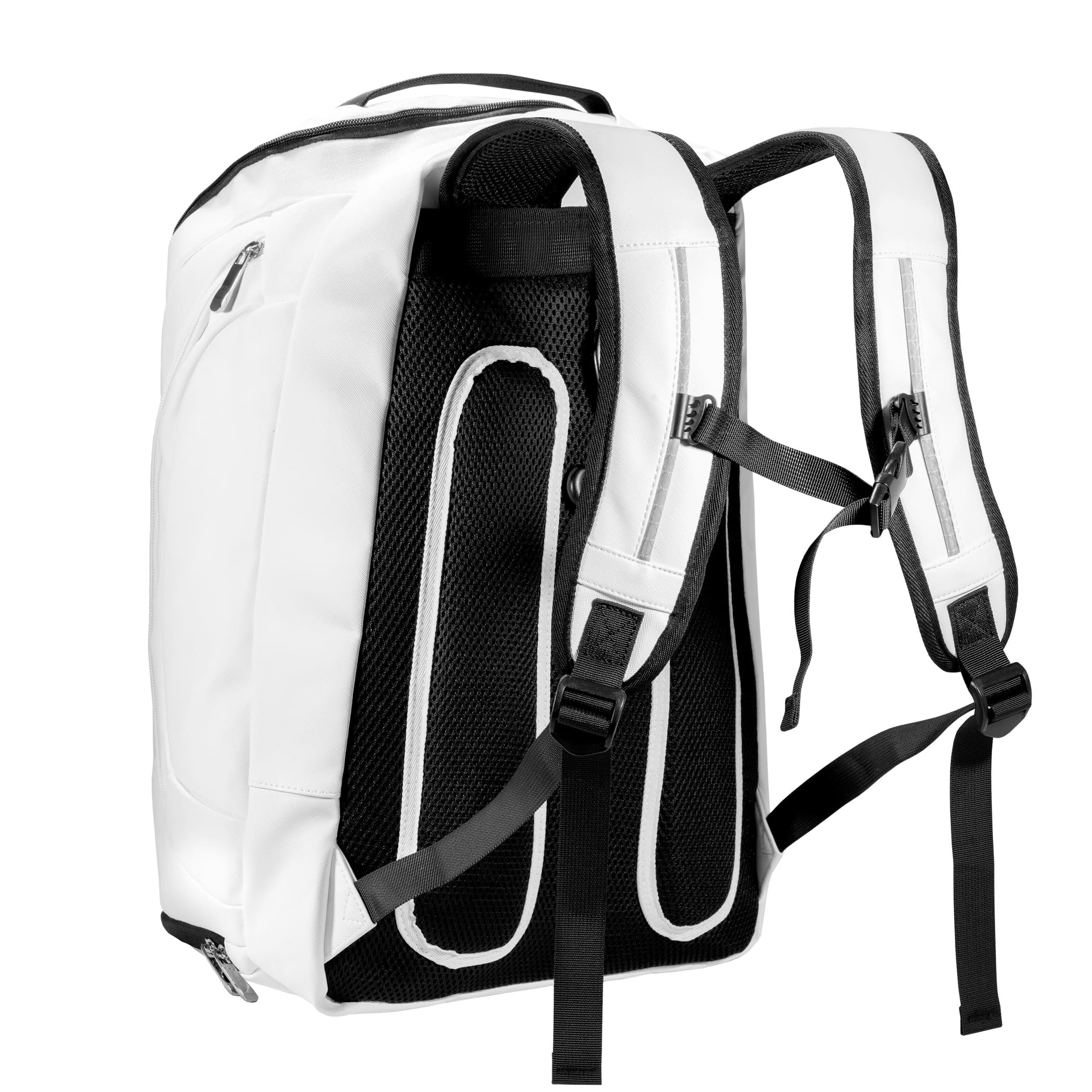 Back view of white Eleven Zero backpack with padded shoulder straps and ventilation mesh.