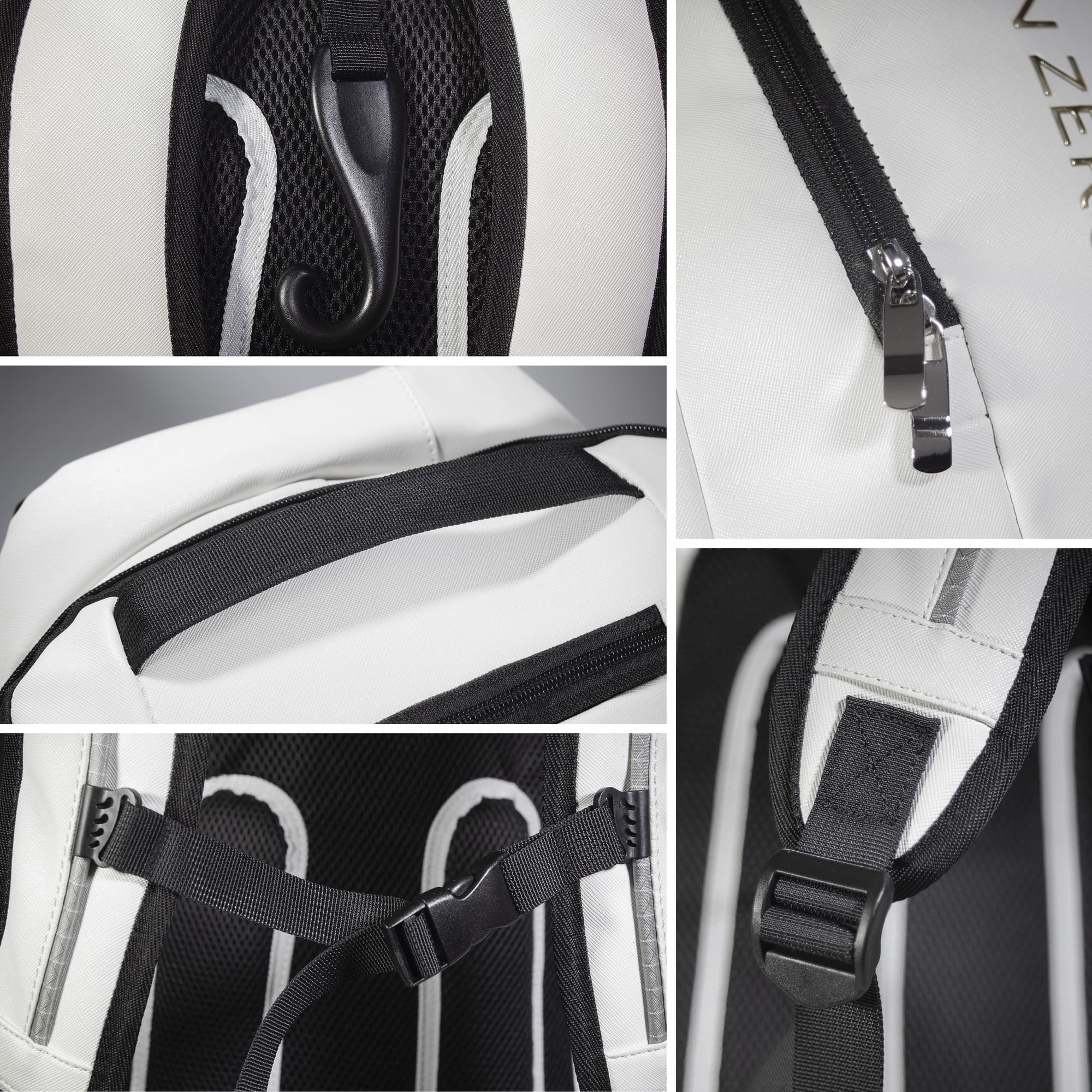 Collage of close-up shots showing backpack strap buckles, zipper pulls, carrying handle, and internal hook.