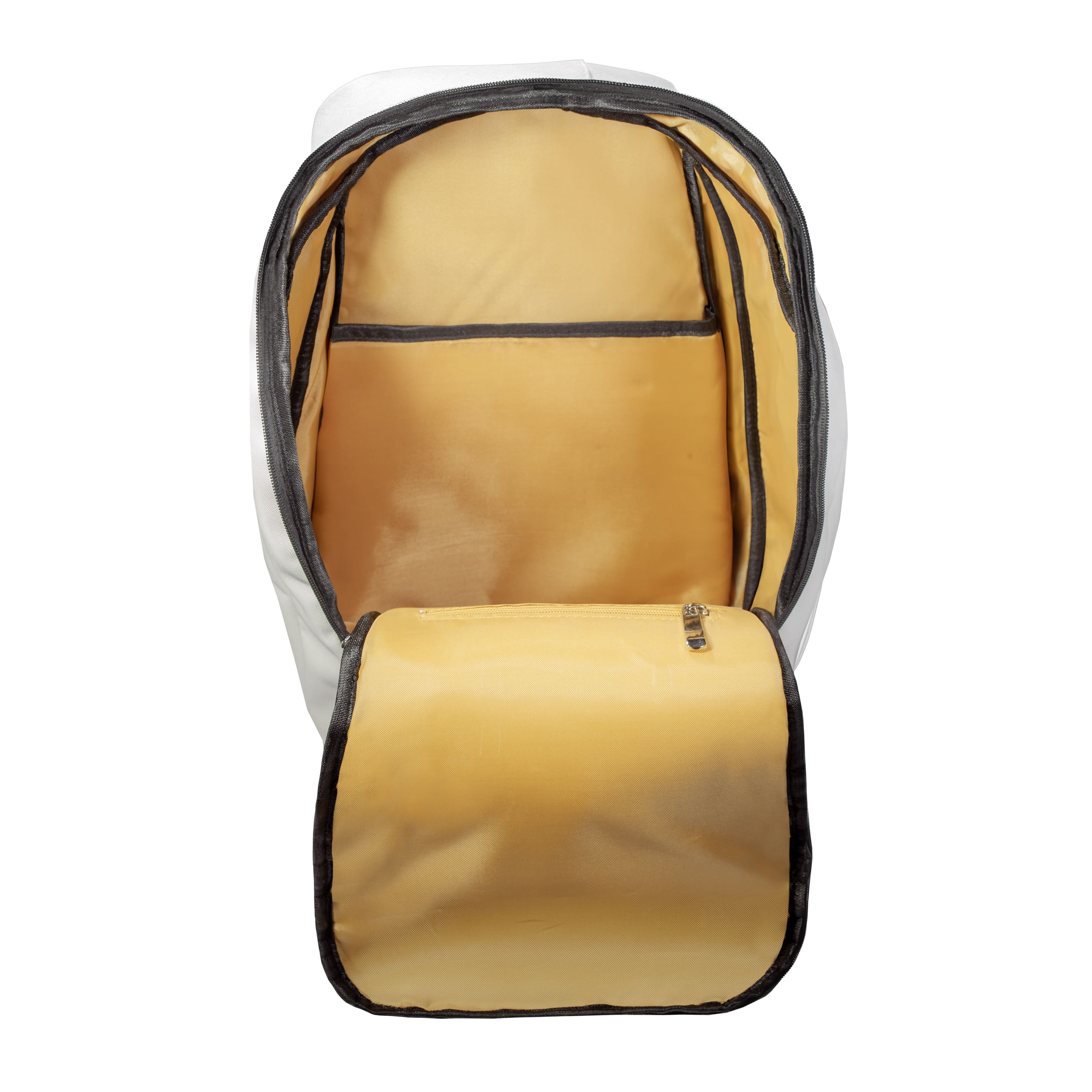 Fully open main compartment of Eleven Zero backpack showing spacious yellow interior with zip pouch.
