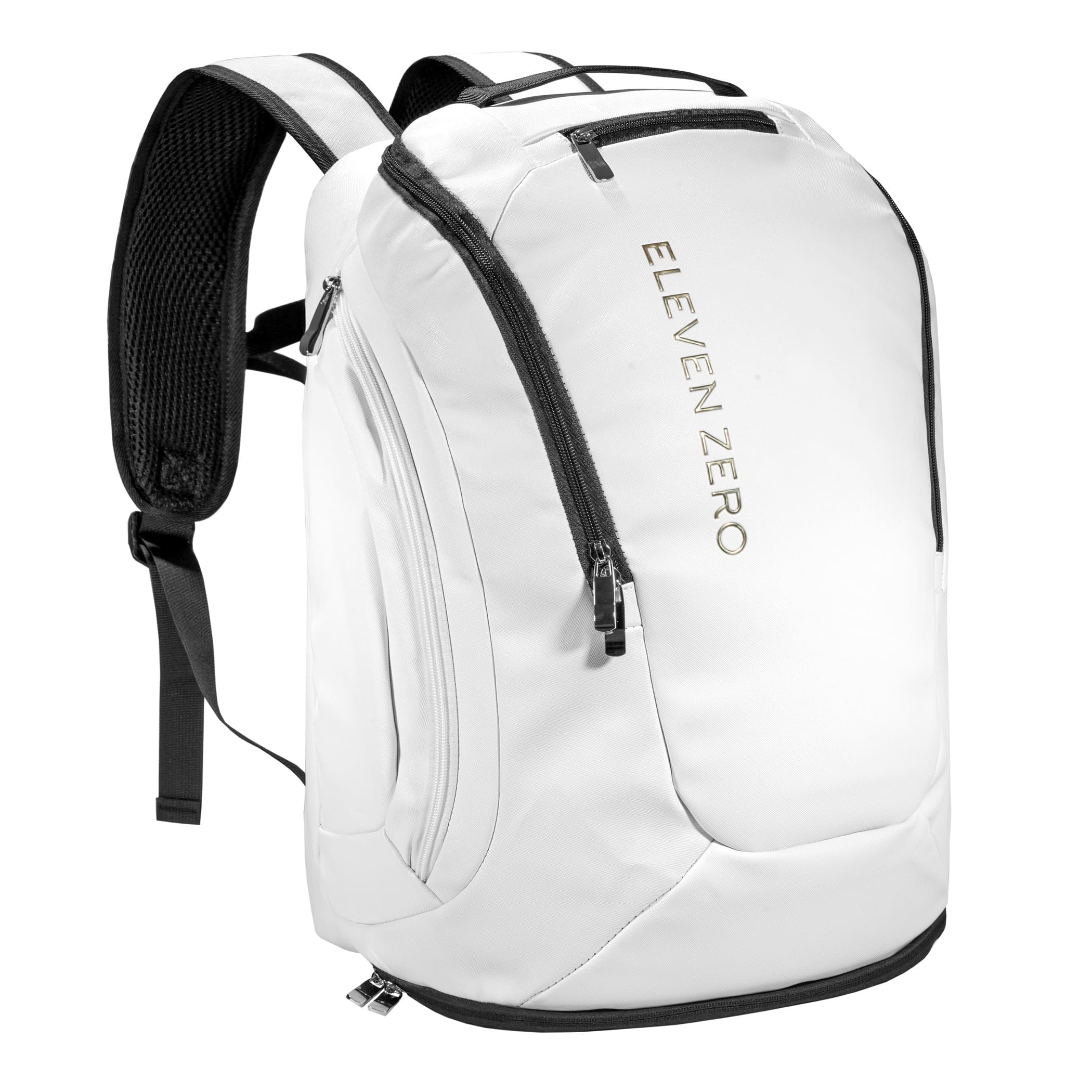 Front angled view of white Eleven Zero backpack showing top zippered pocket and logo detailing.