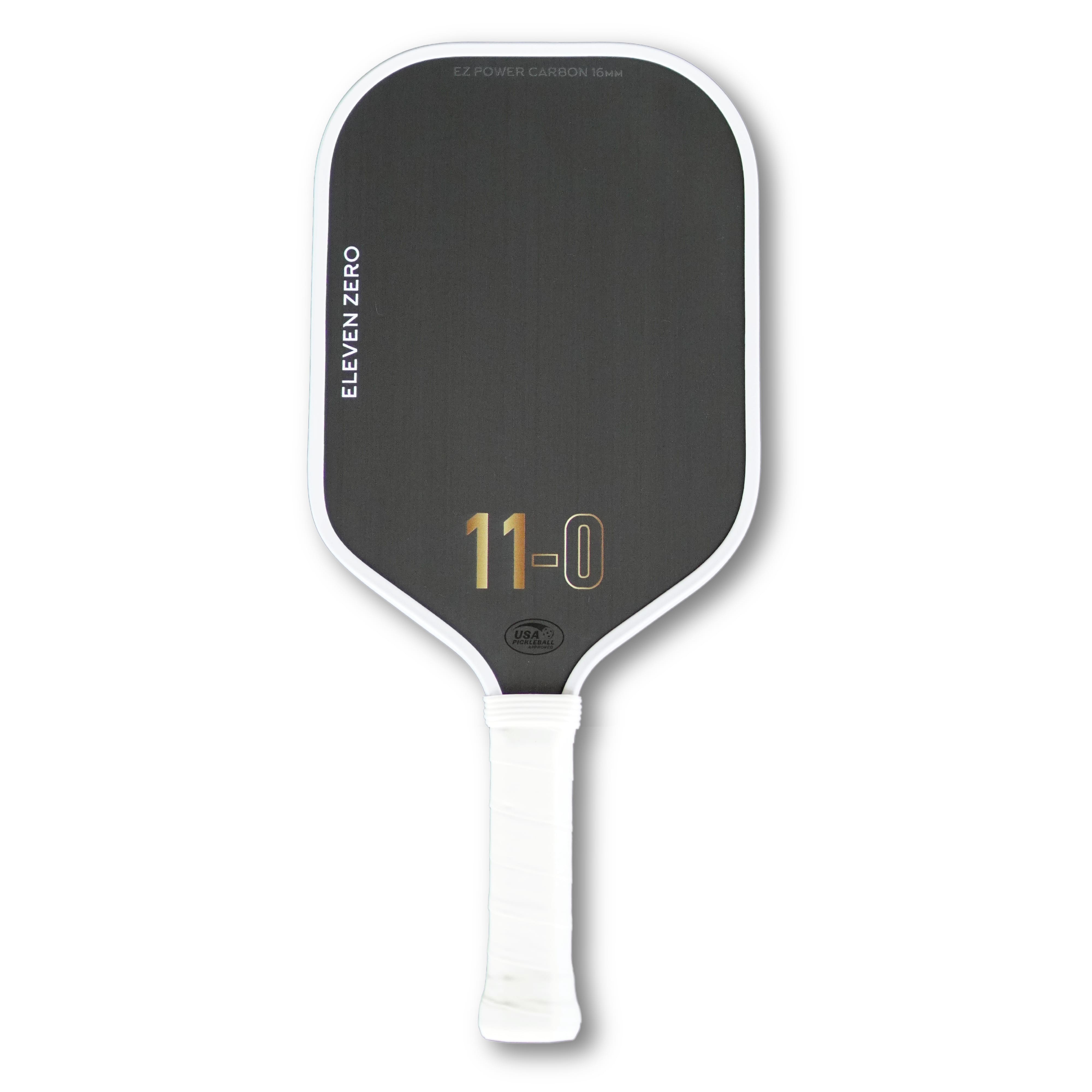 Front view of the Eleven Zero Carbon pickleball paddle in black with gold “11-0” logo and white trim