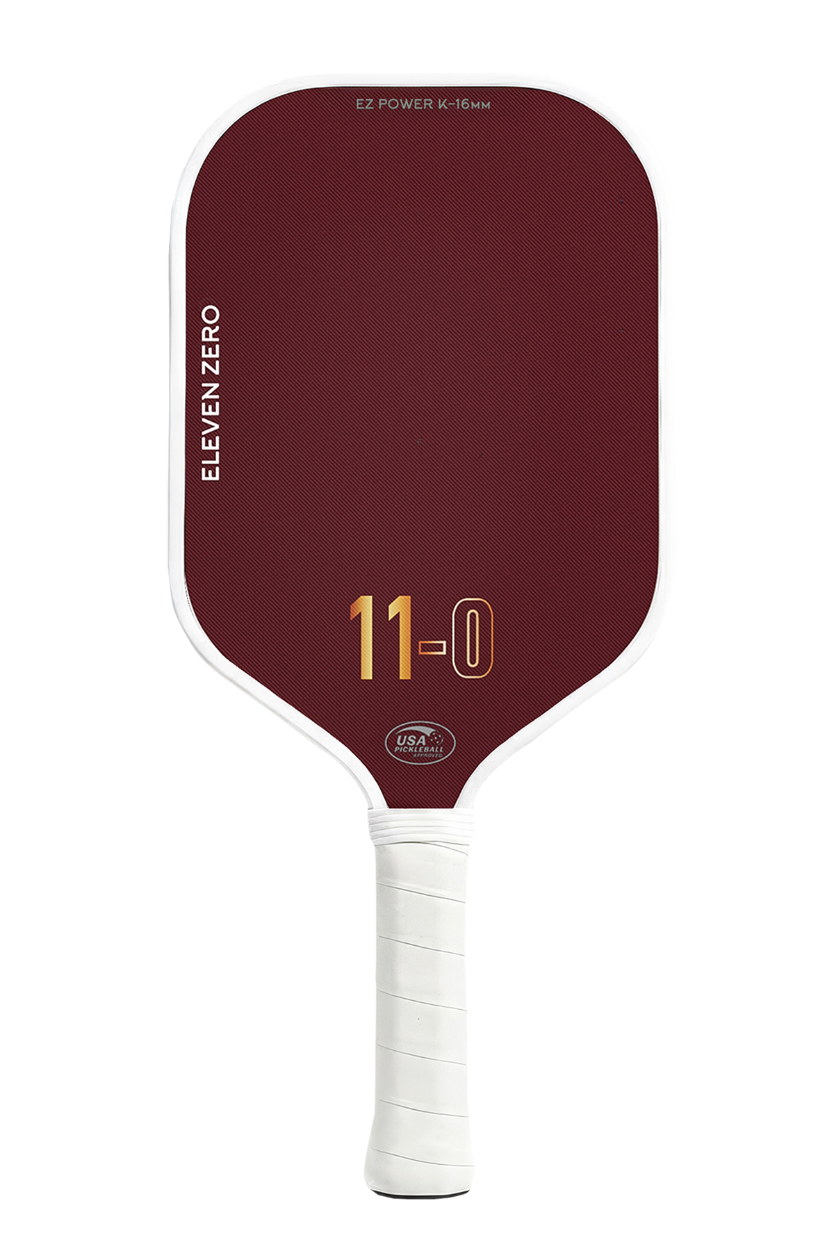 Front view of the Eleven Zero K-16 pickleball paddle in maroon with gold “11-0” logo and white trim