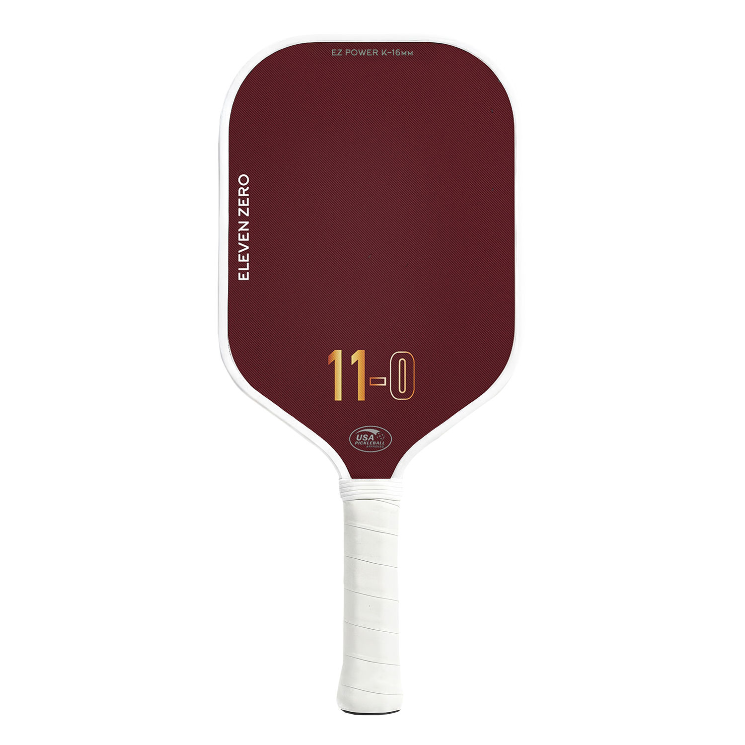 Front view of the Eleven Zero K-16 pickleball paddle in maroon with gold “11-0” logo and white trim