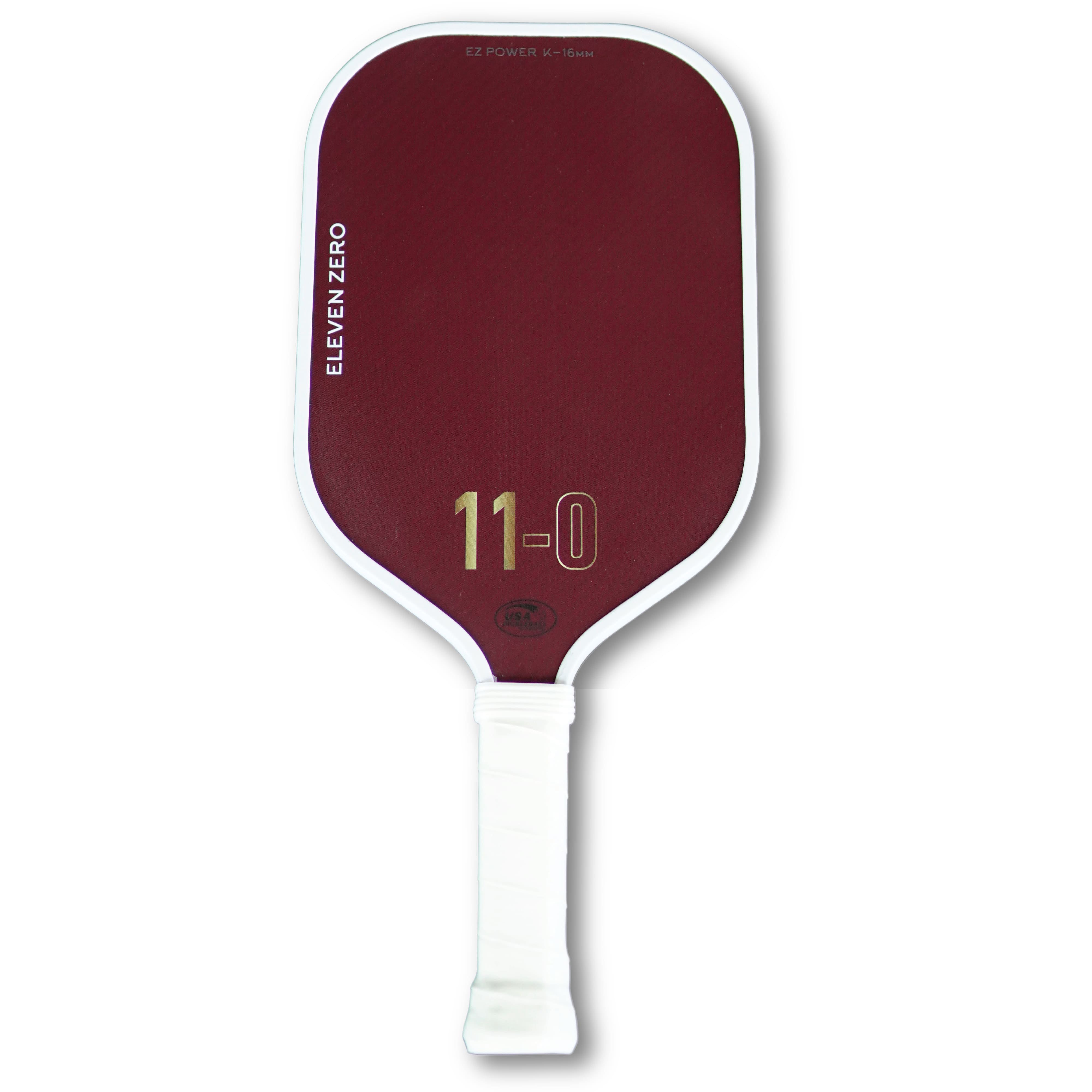 Front view of the Eleven Zero K-16 pickleball paddle in maroon with gold “11-0” logo and white trim