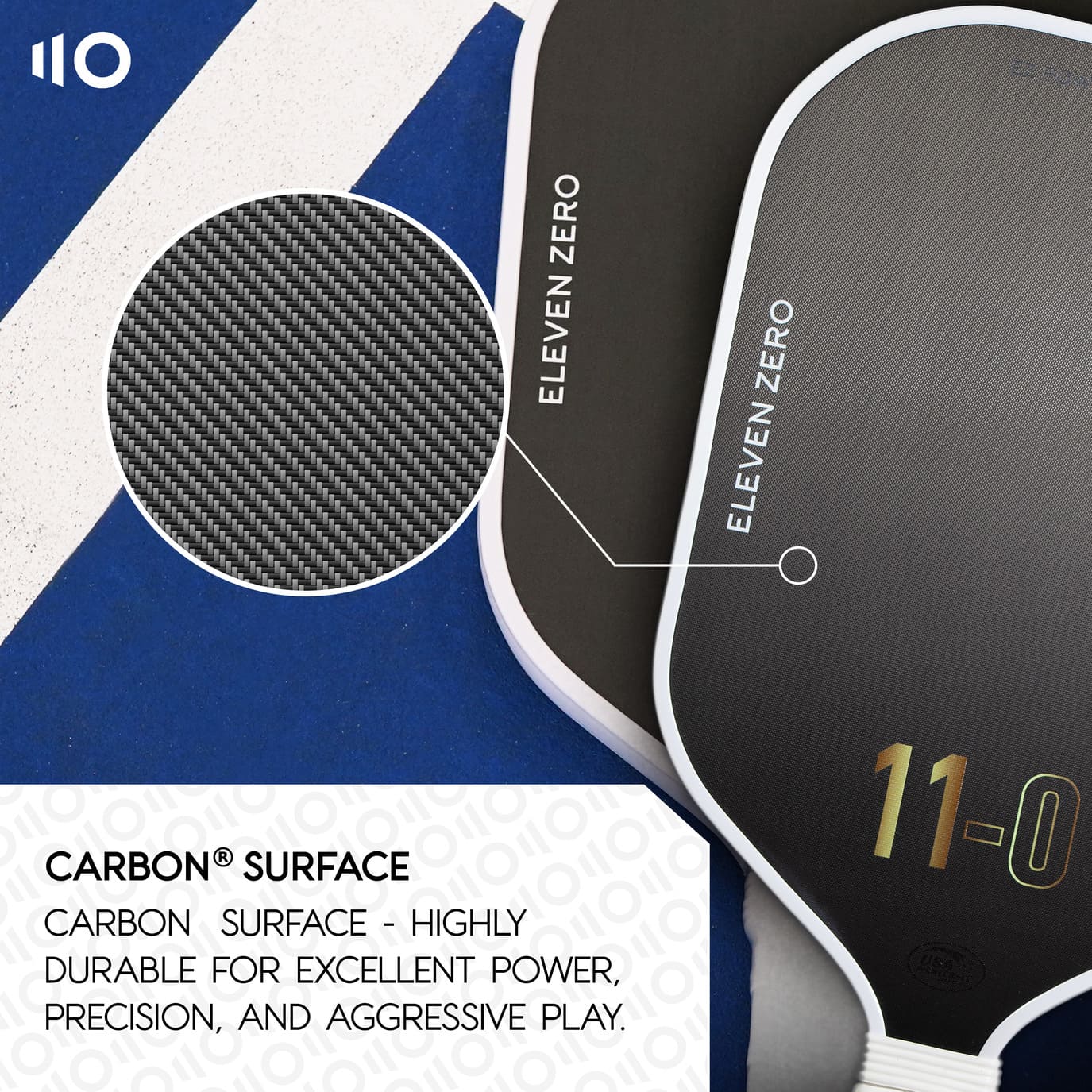 Close-up detail of the Eleven Zero pickleball paddle's carbon surface texture, emphasizing durability and superior performance for powerful, precise, and aggressive play.