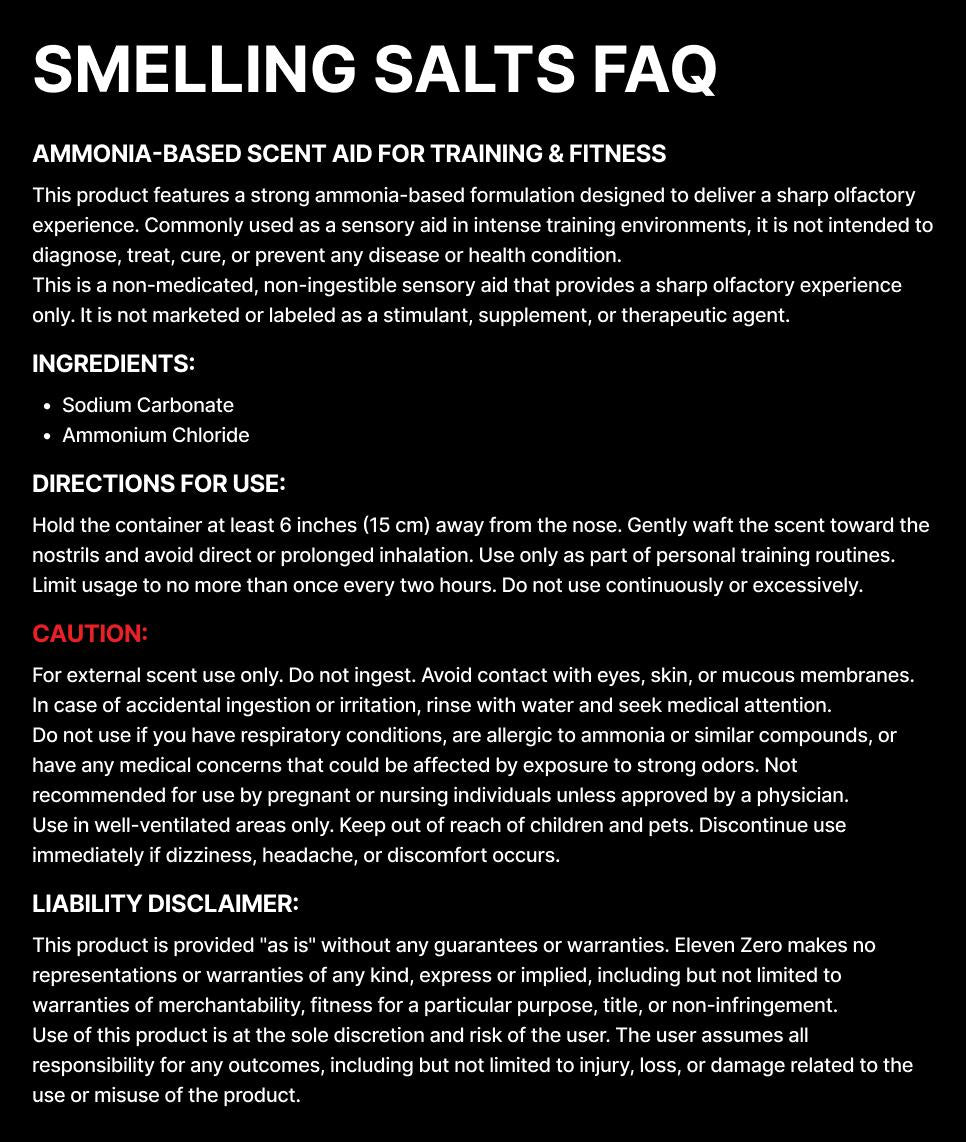 Smelling Salts FAQ from Eleven Zero Sports detailing usage, ingredients, safety warnings, and liability disclaimer for ammonia-based scent aid used in training.