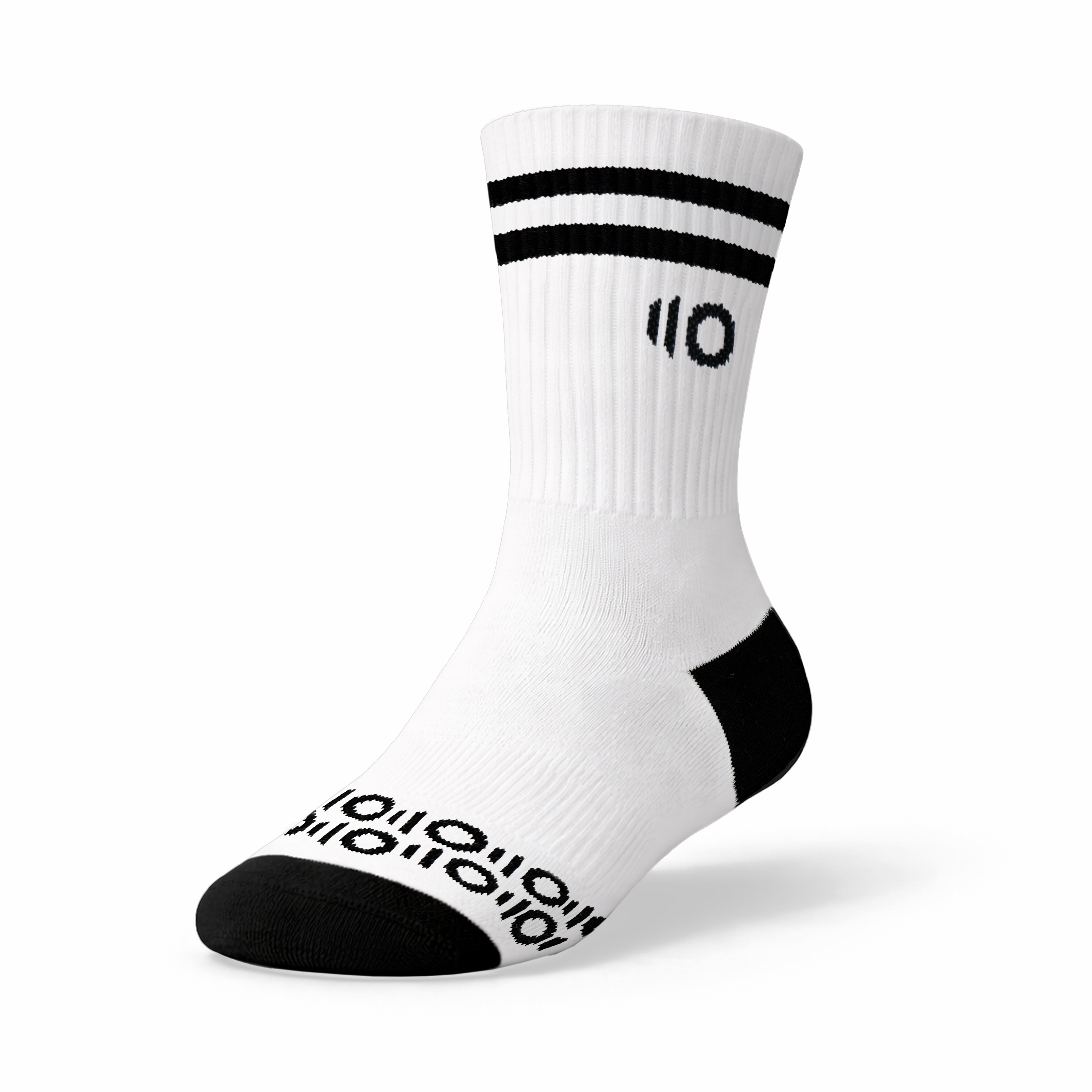 White sock with black stripes and logo on a white background