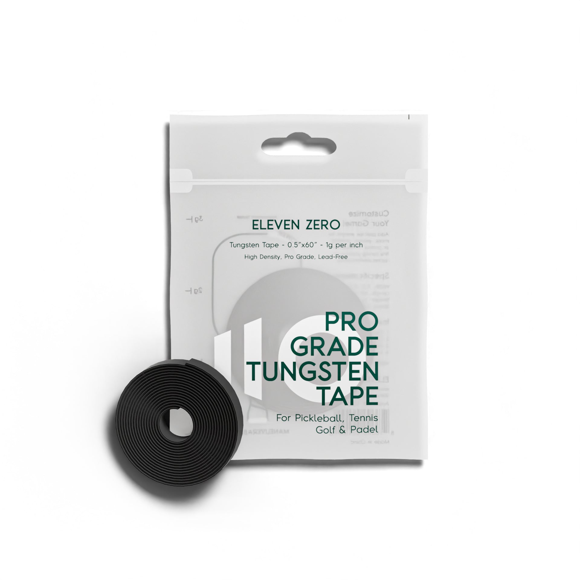 Eleven Zero Pro Grade Tungsten Tape packaging with tape roll displayed in front, showing lead-free high-density design.