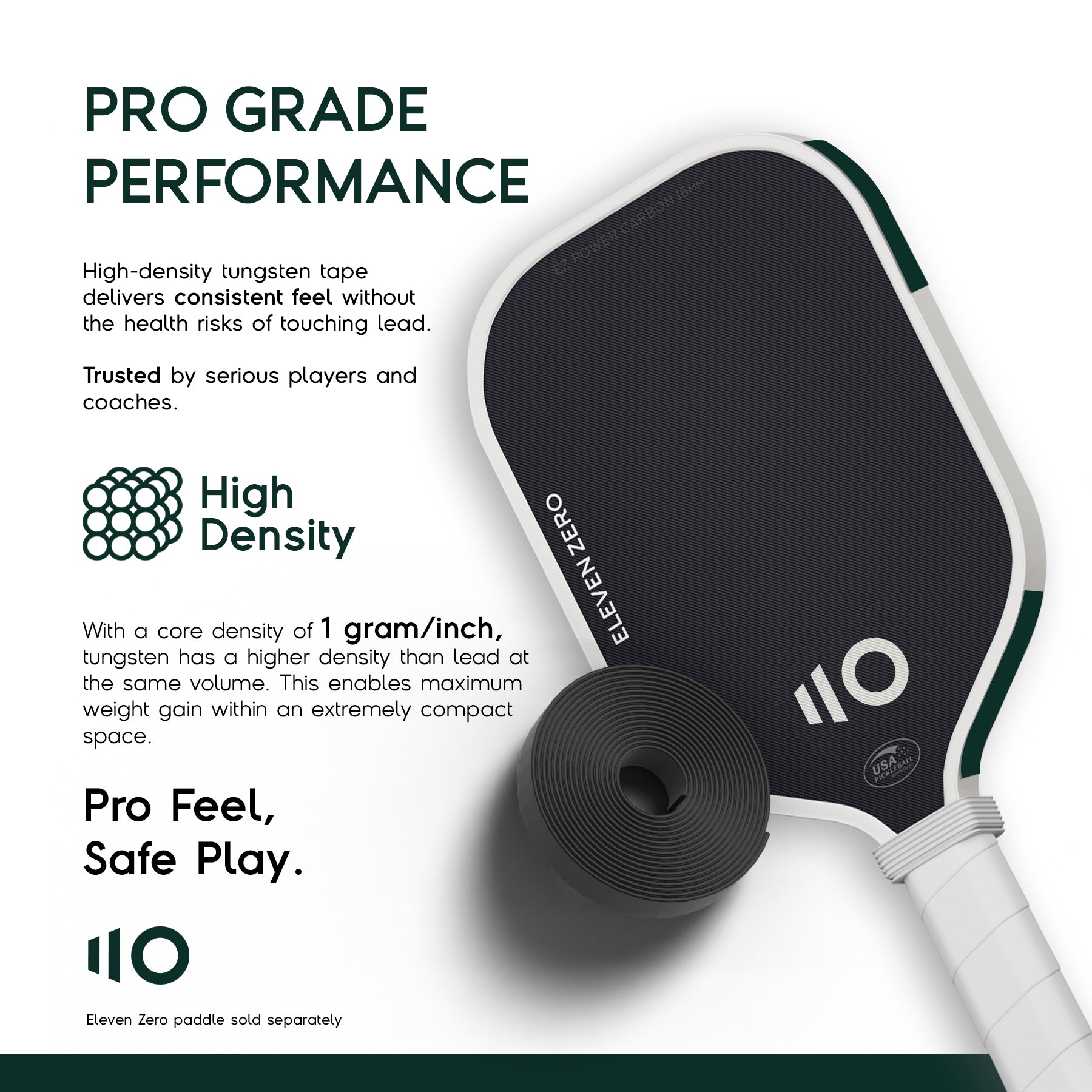 Eleven Zero paddle beside tungsten tape roll, emphasizing high-density, pro-grade tungsten tape performance for consistent play