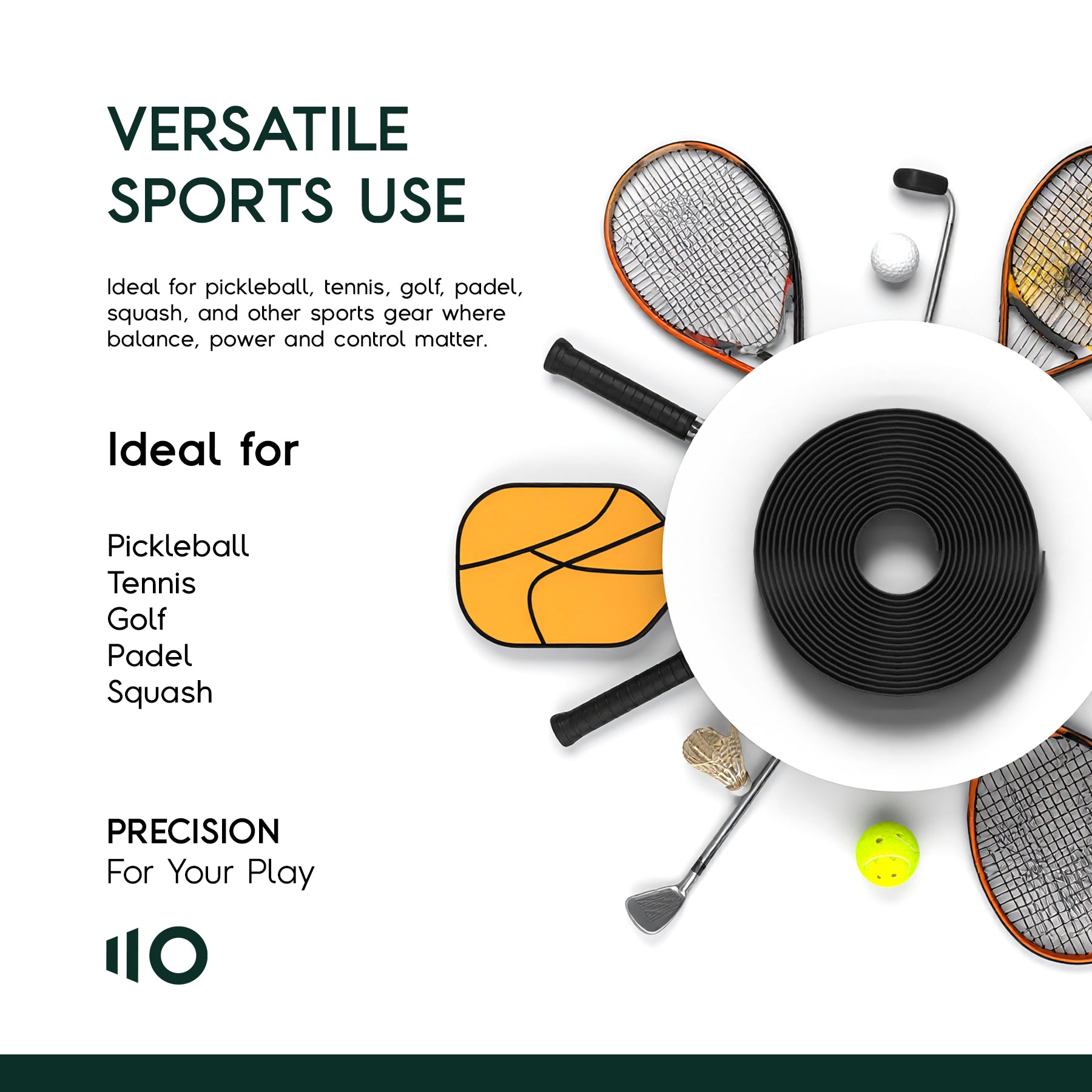 Eleven Zero Tungsten Tape surrounded by various sports gear including pickleball paddles, tennis rackets, and golf clubs, highlighting versatile use.