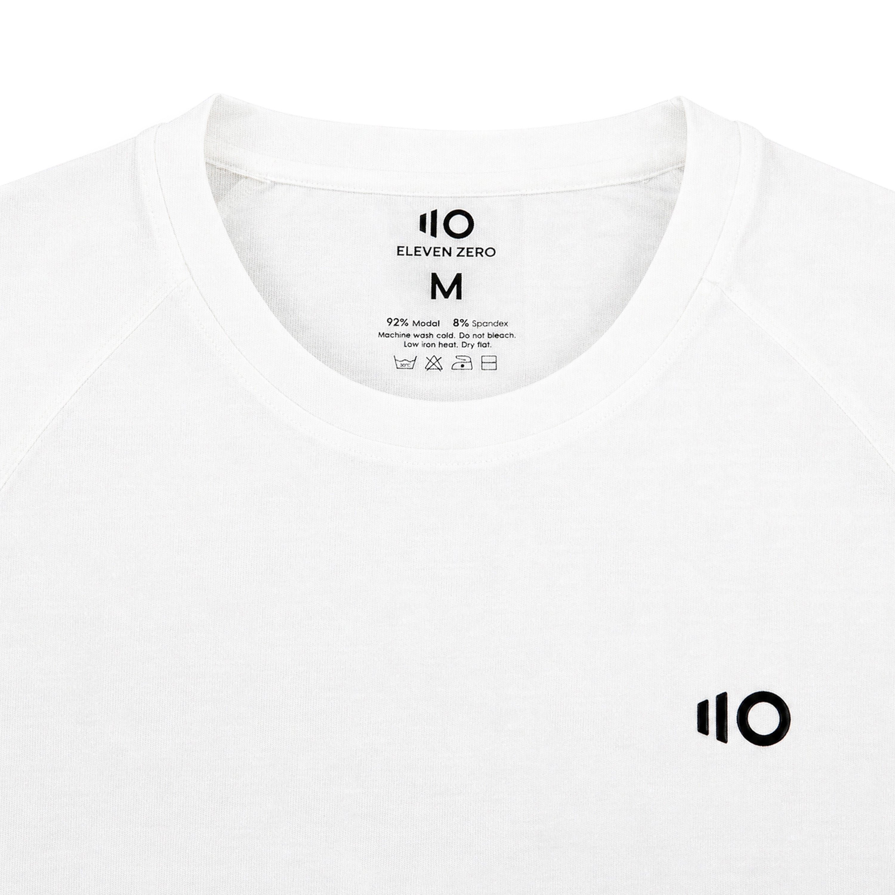 White t-shirt with brand logo and text on a white background