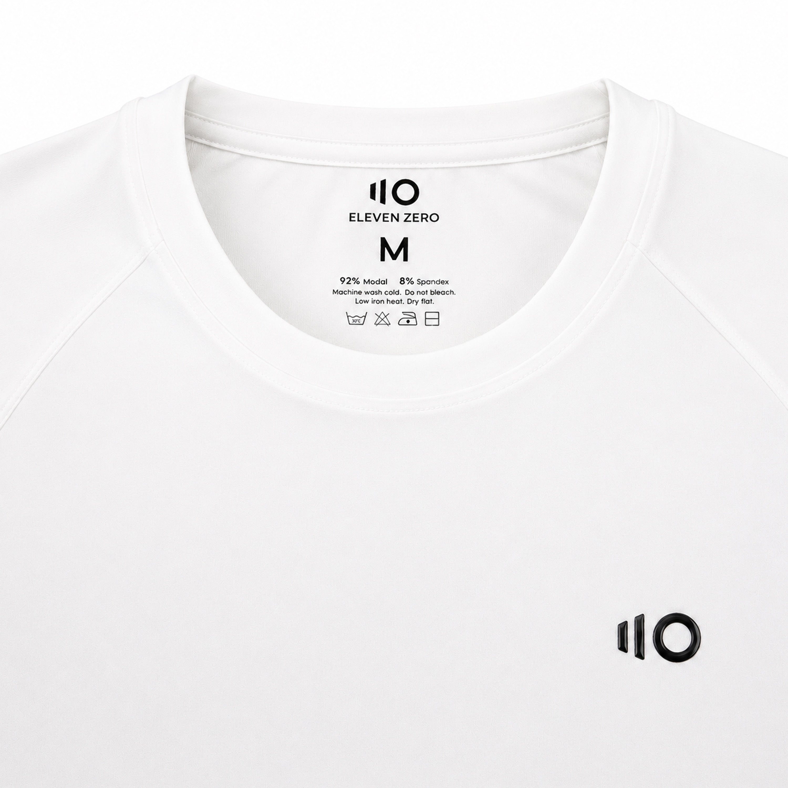 White t-shirt with brand logo and text on a white background