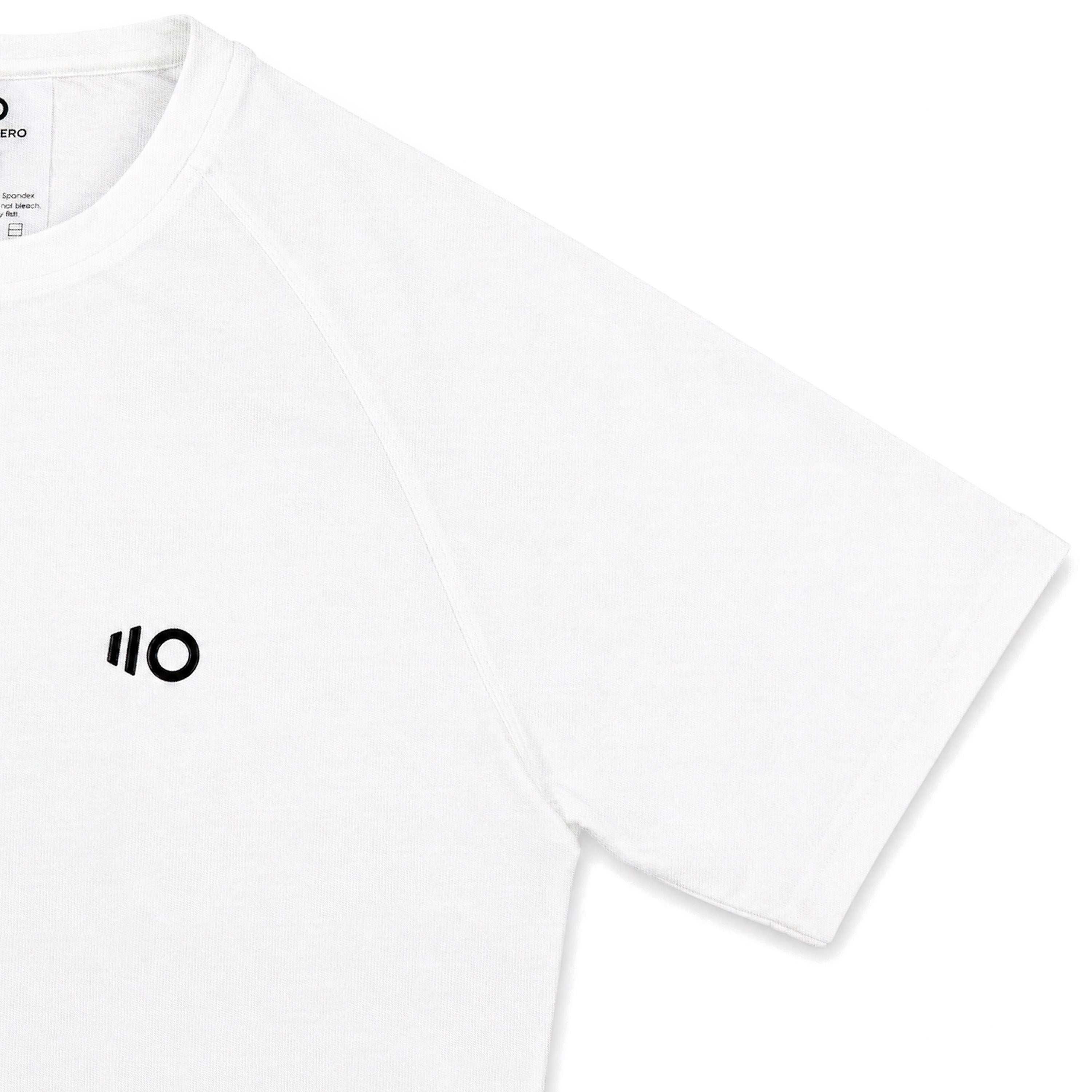 White t-shirt with a black logo on a white background