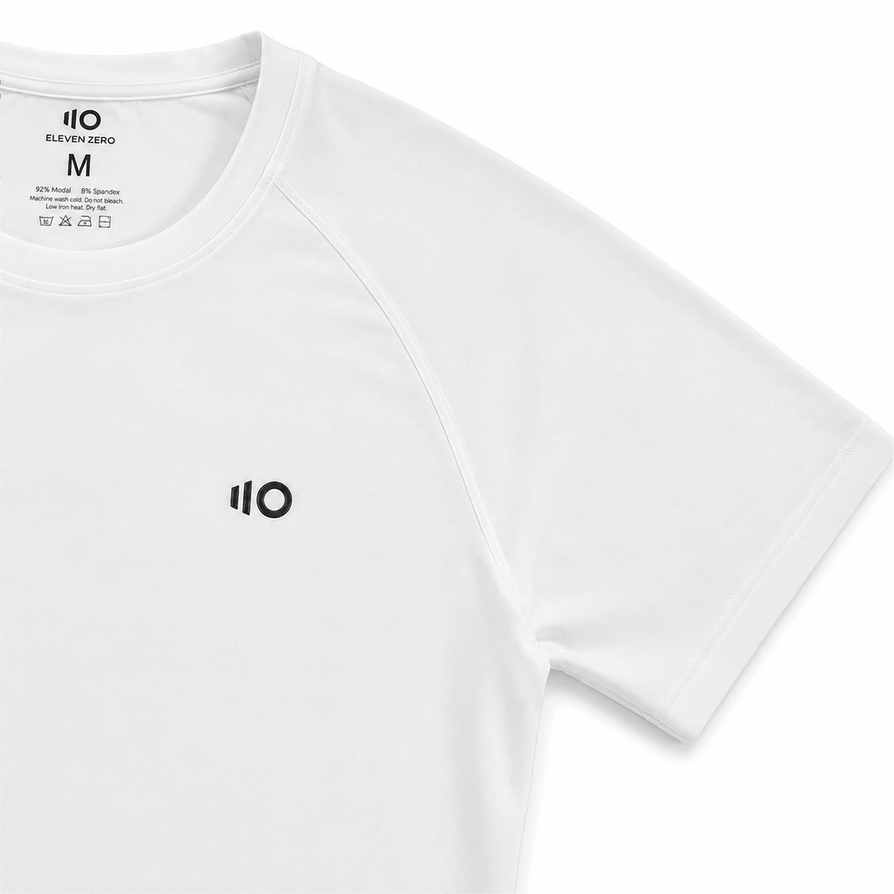 White t-shirt with a black logo on a white background