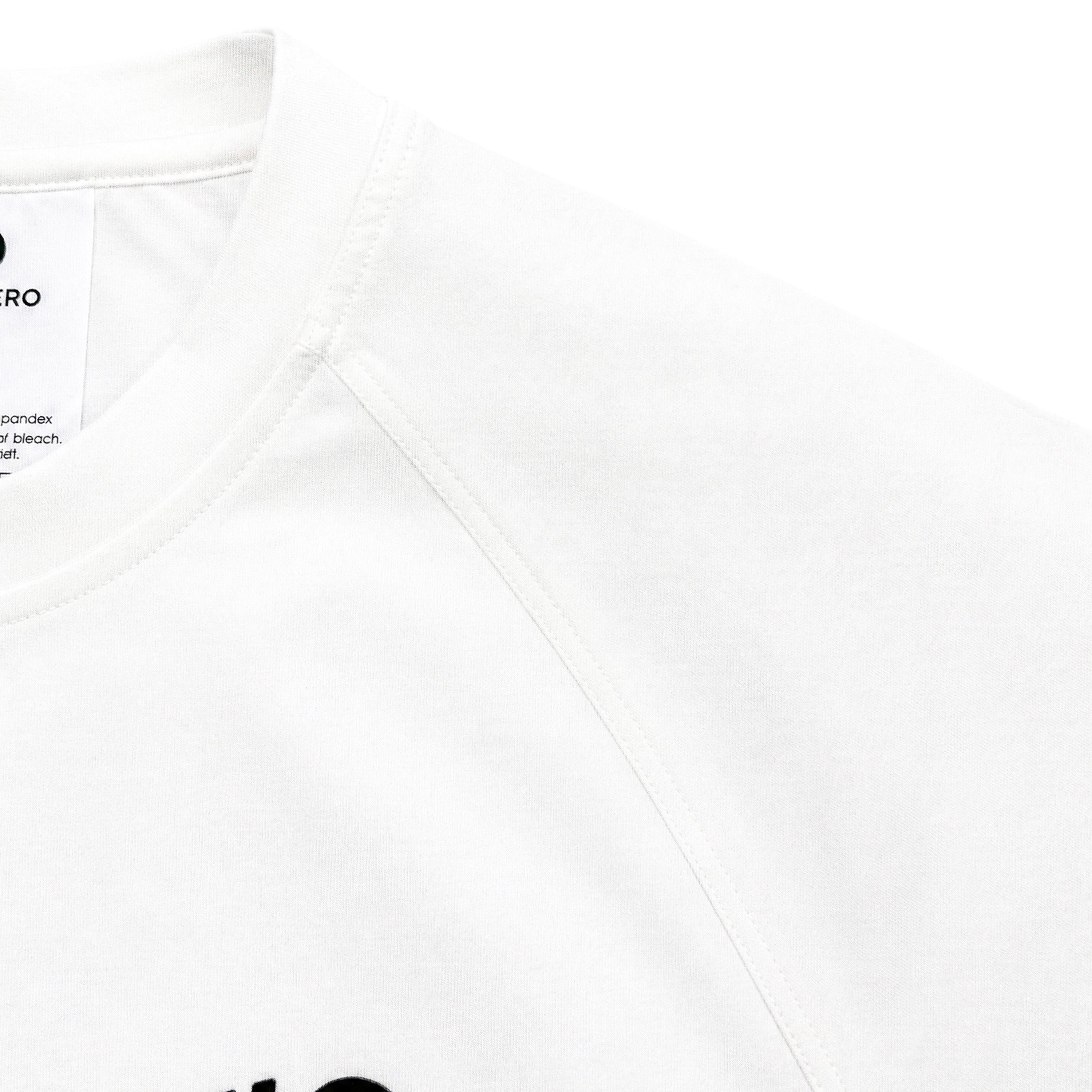 White t-shirt with black text and branding on a white background