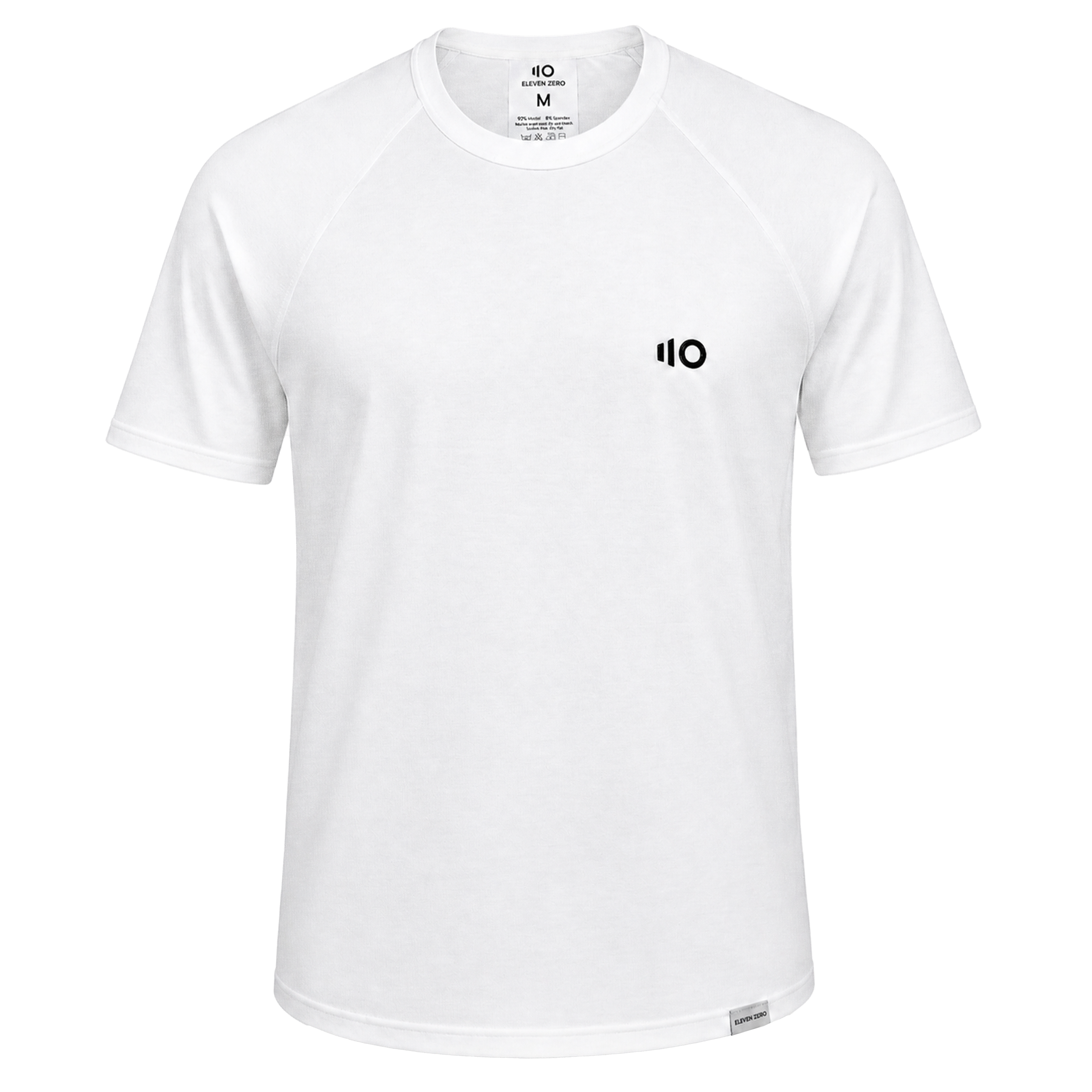 White t-shirt with a black logo on a white background