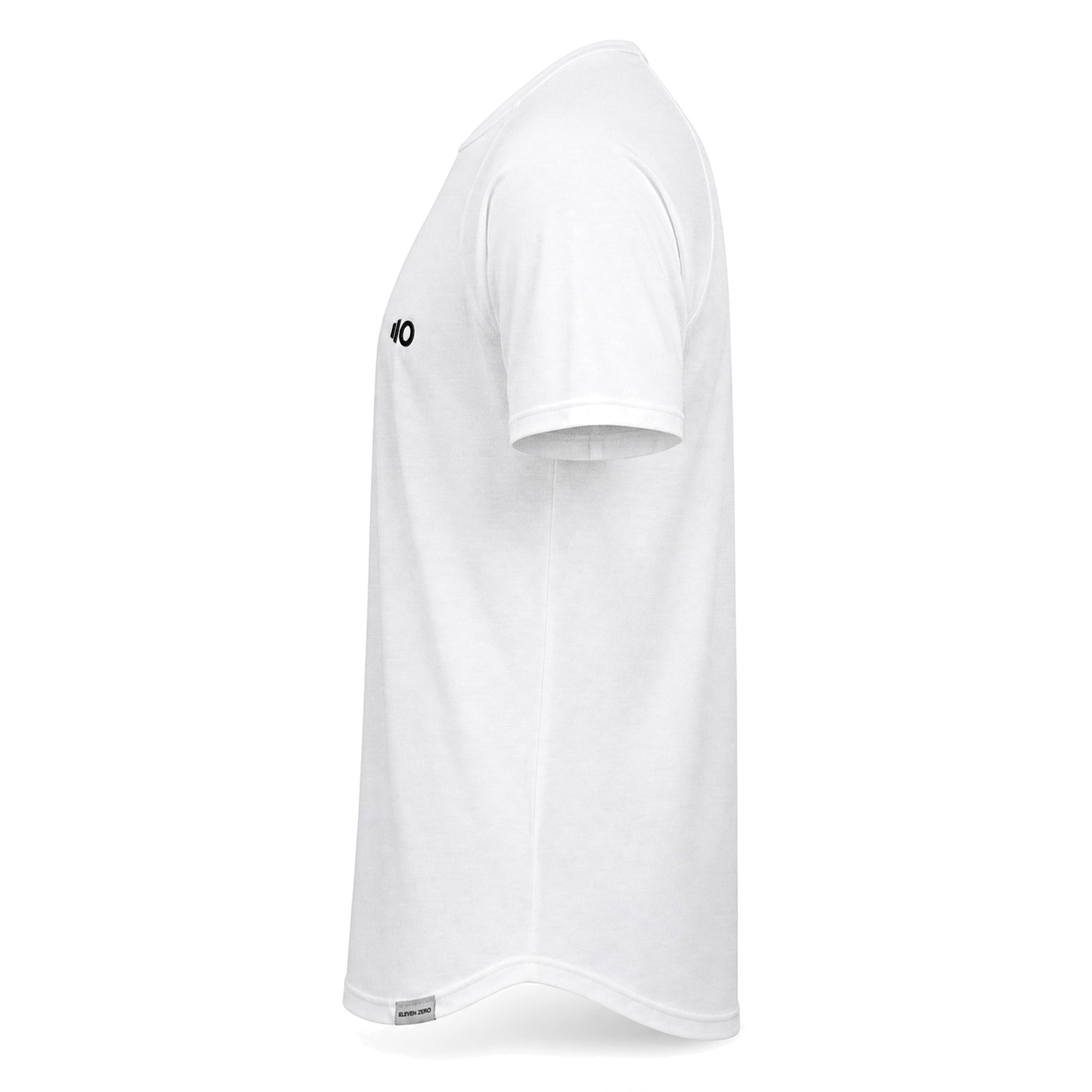White t-shirt with a logo on the sleeve against a white background