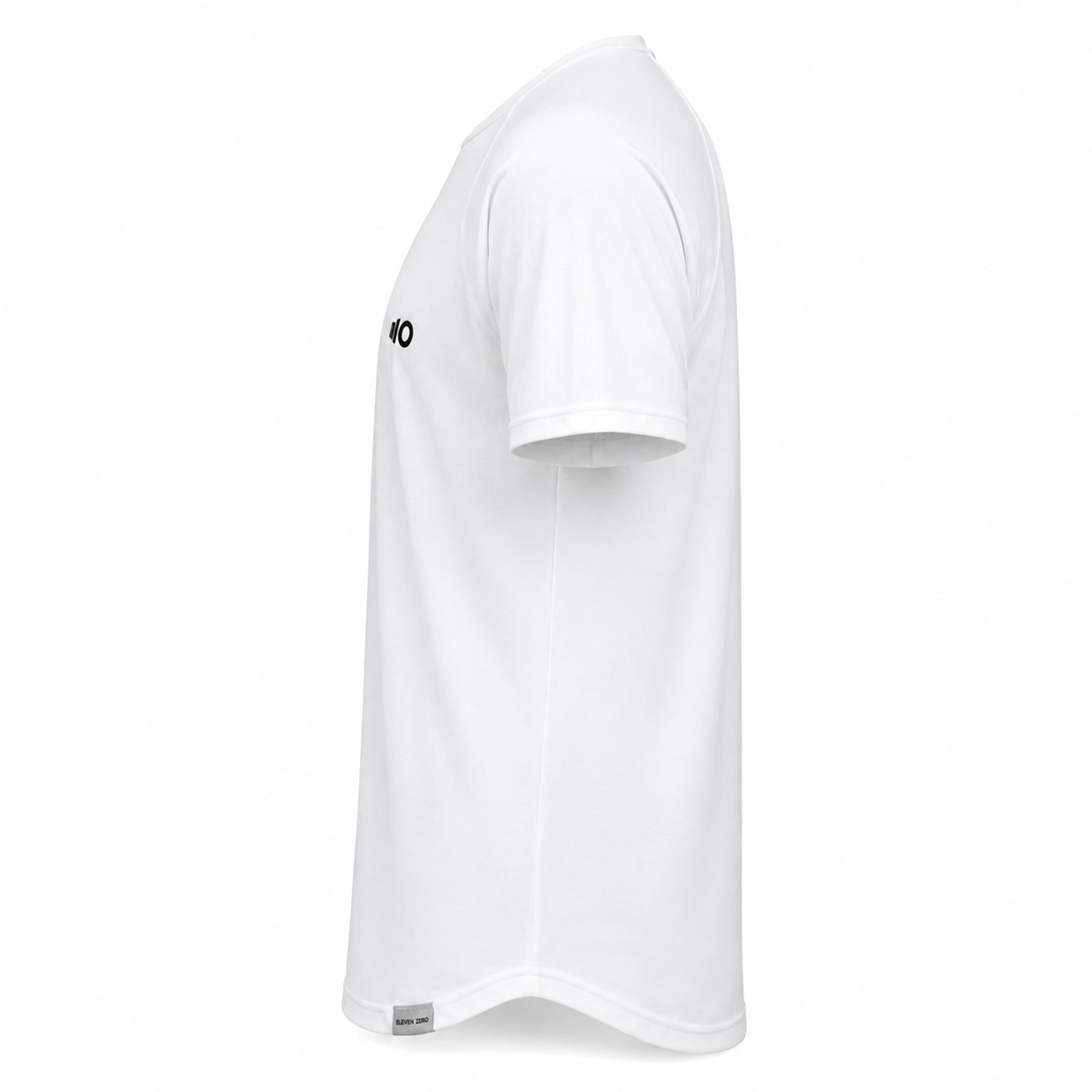 White t-shirt with a logo on the sleeve against a white background