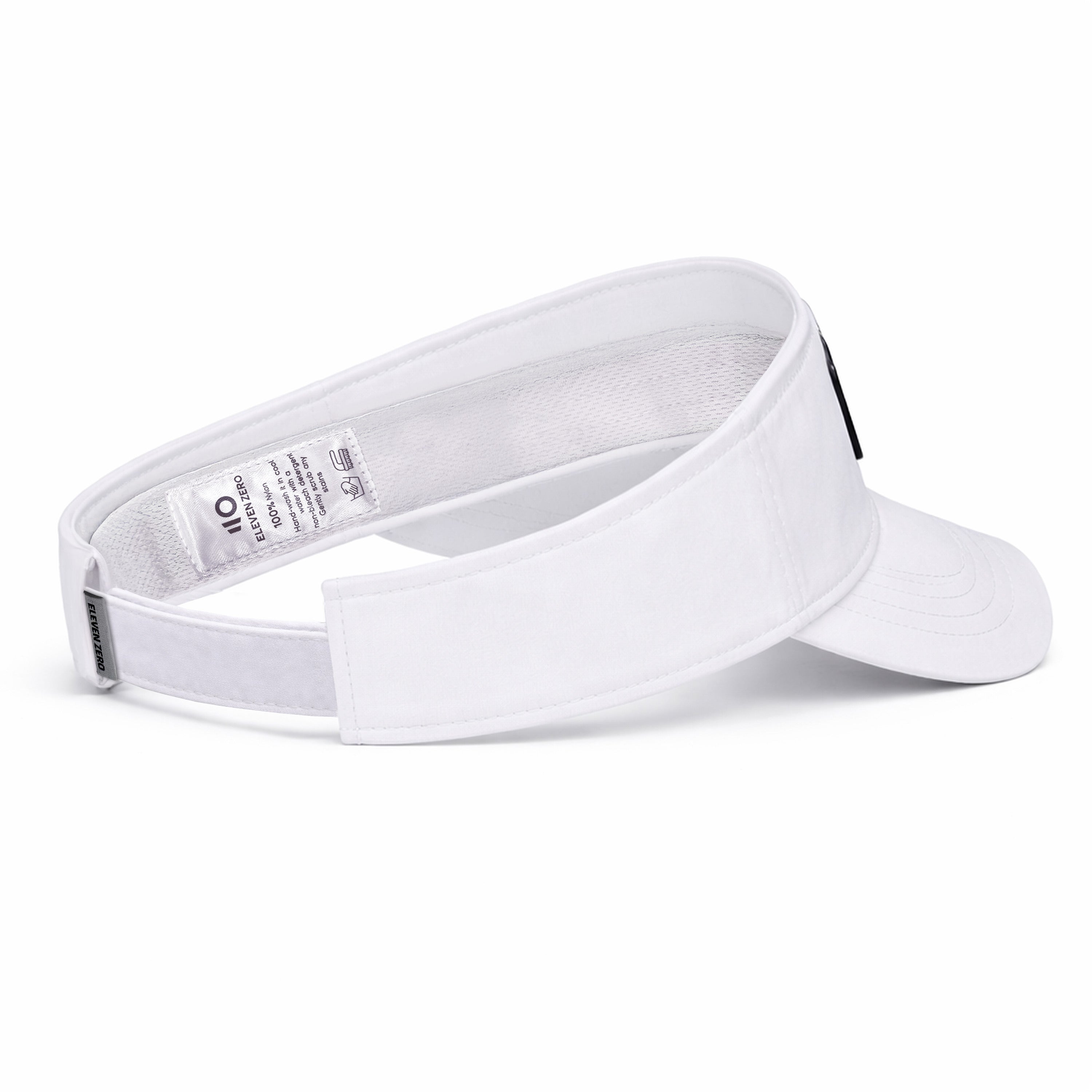 White visor with a brand label on a white background