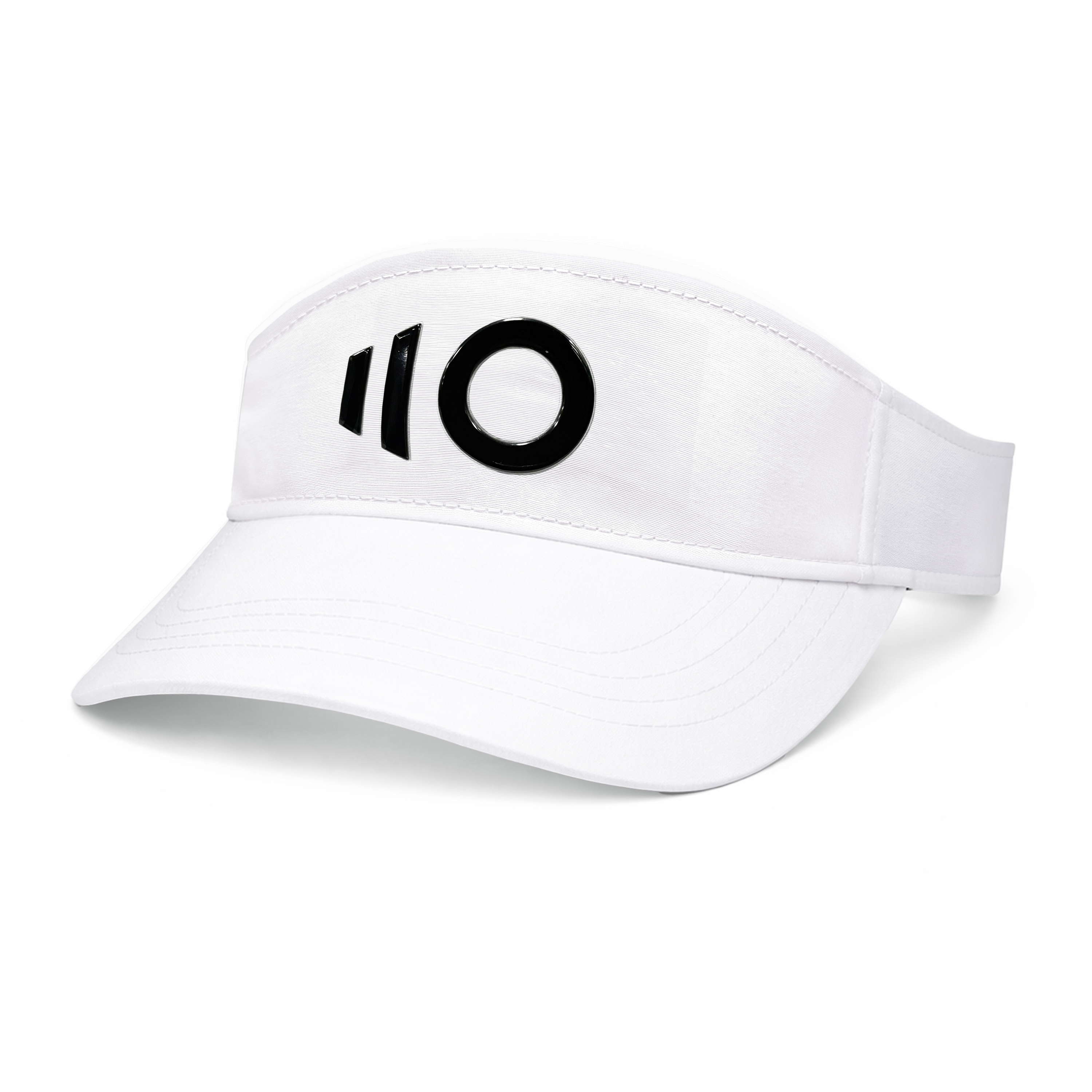 White visor with black logo on a white background