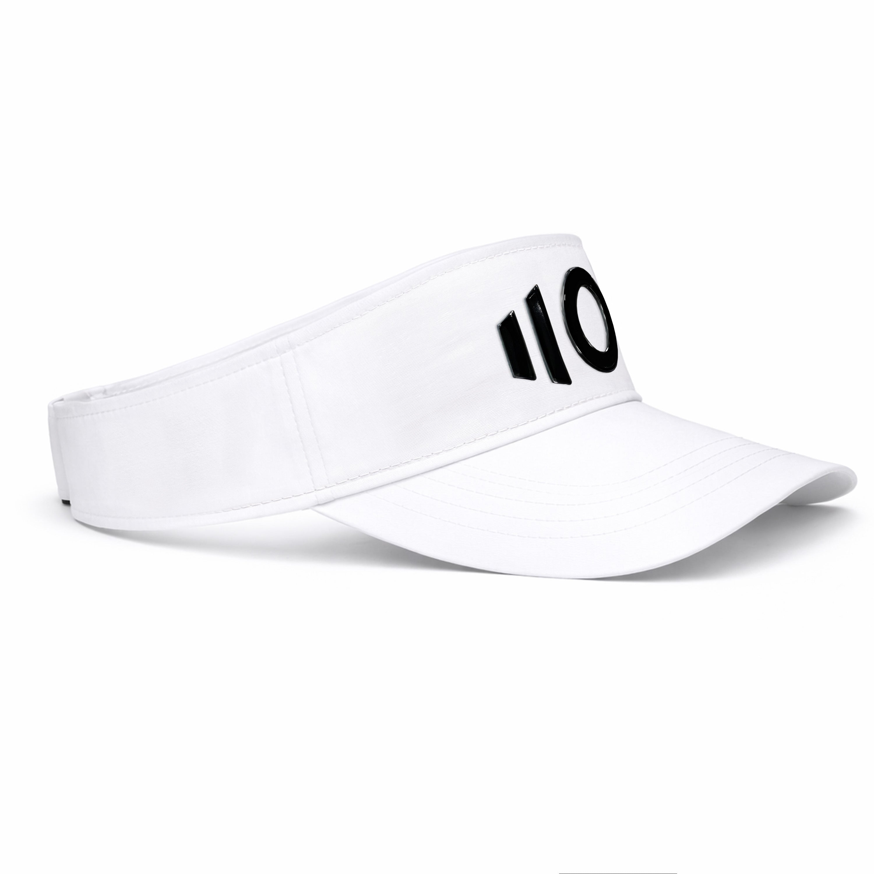 White visor with black logo on a white background