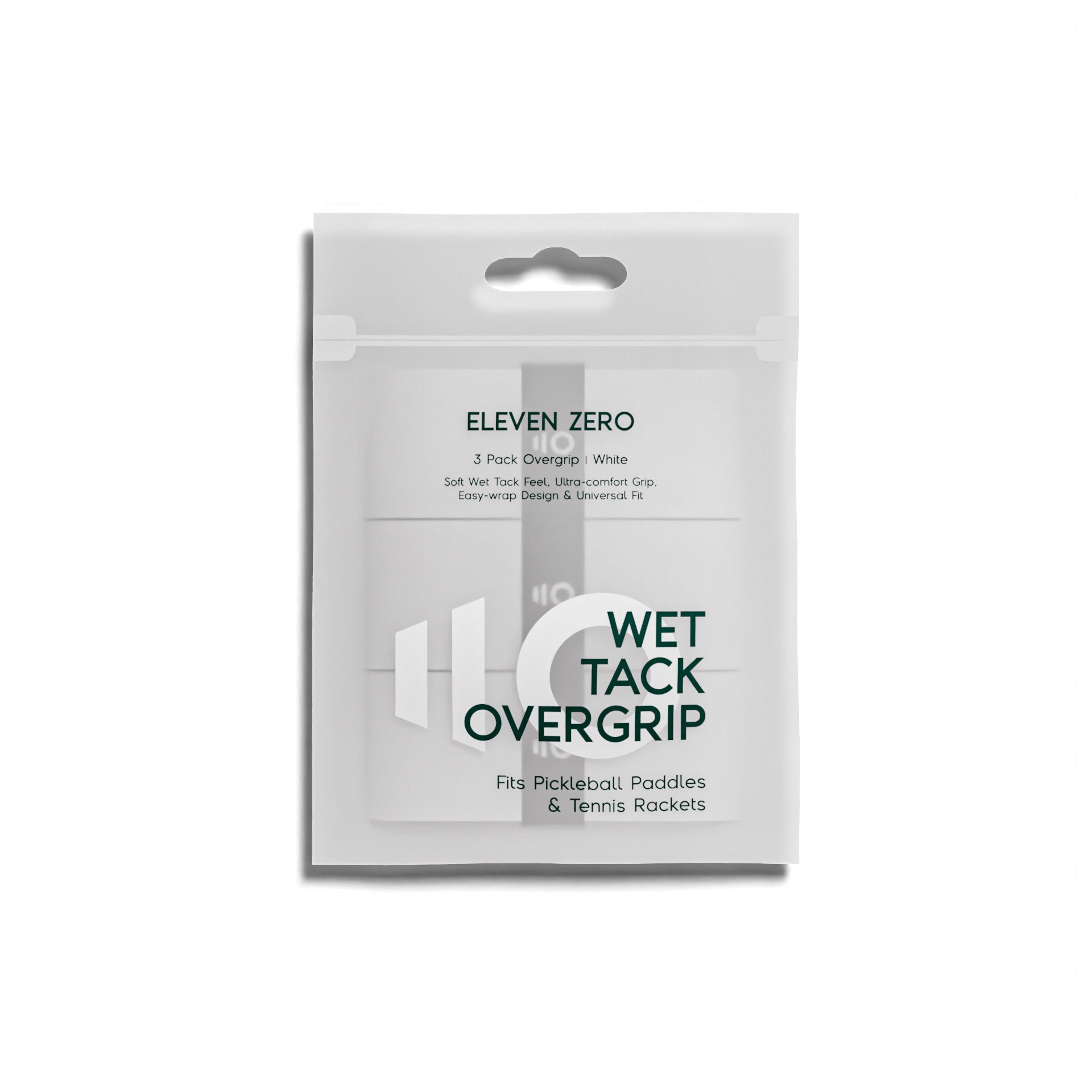 Eleven Zero Wet Tack Overgrip 3-pack packaging in white, designed for pickleball paddles and tennis rackets.